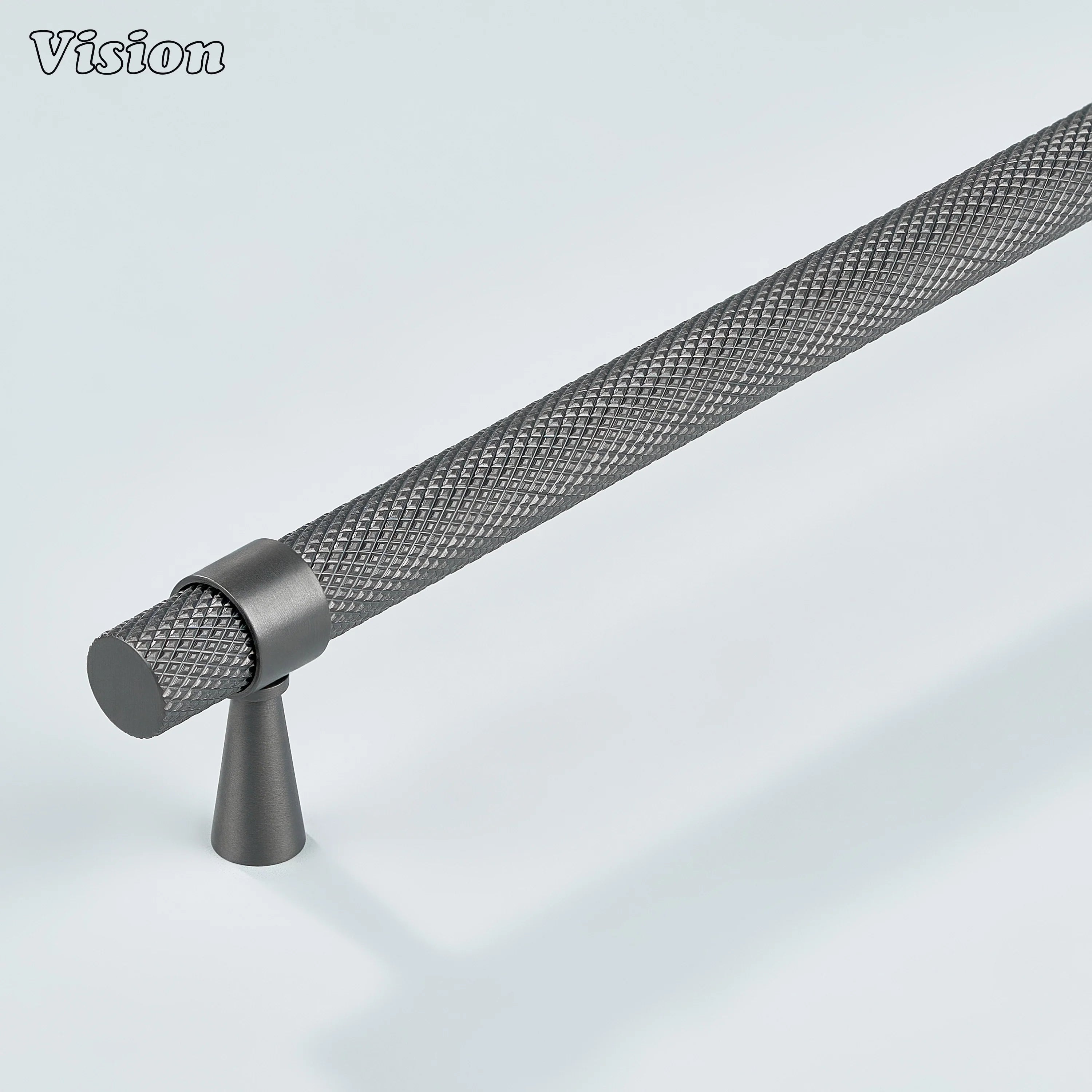 Modern gunmetal brass Canyon knurled handle for kitchen cabinets.