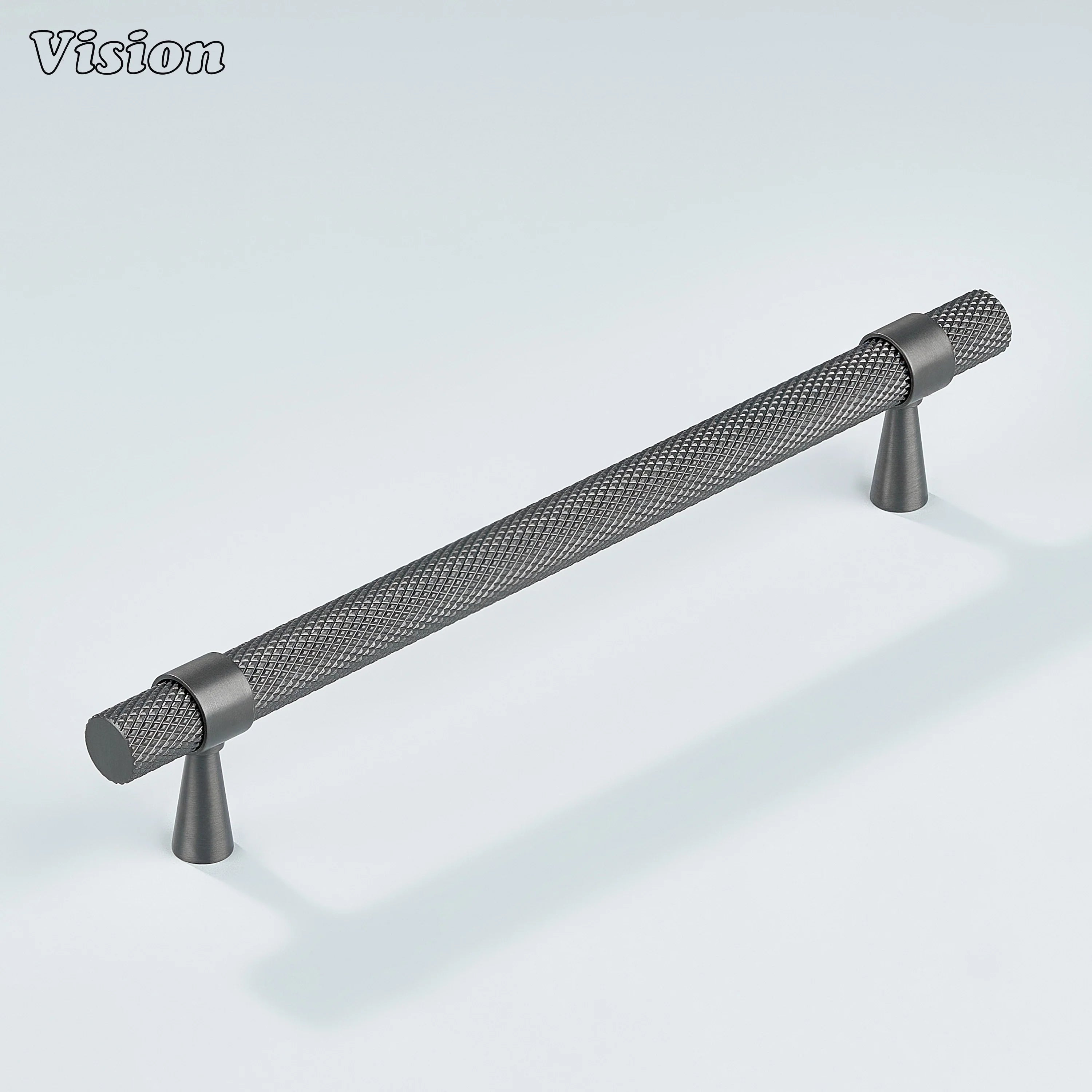 Elegant gunmetal knurled handle used for modular kitchen drawers.