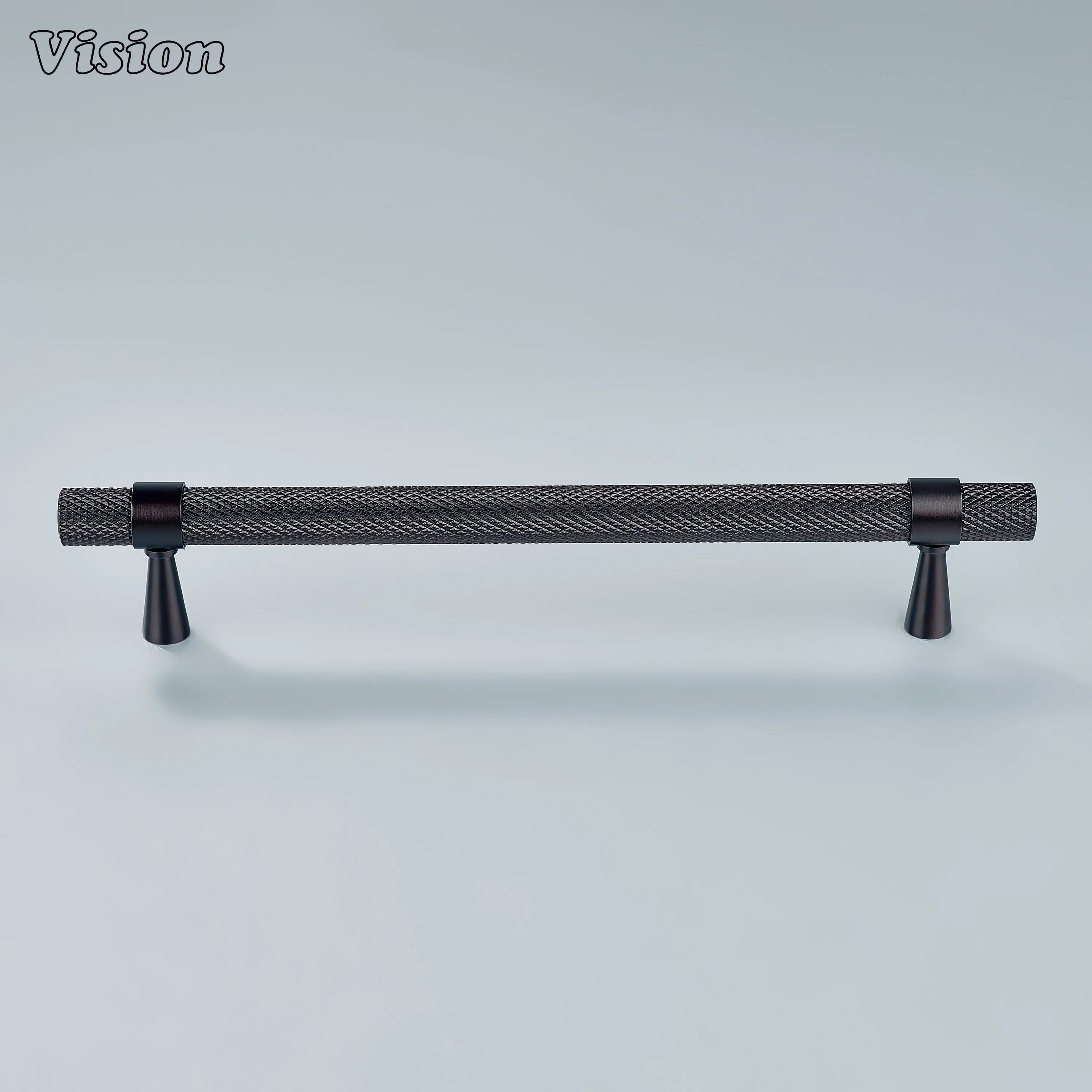 Modern oil rubbed bronze knurled handle with cone legs used for dresser drawers.