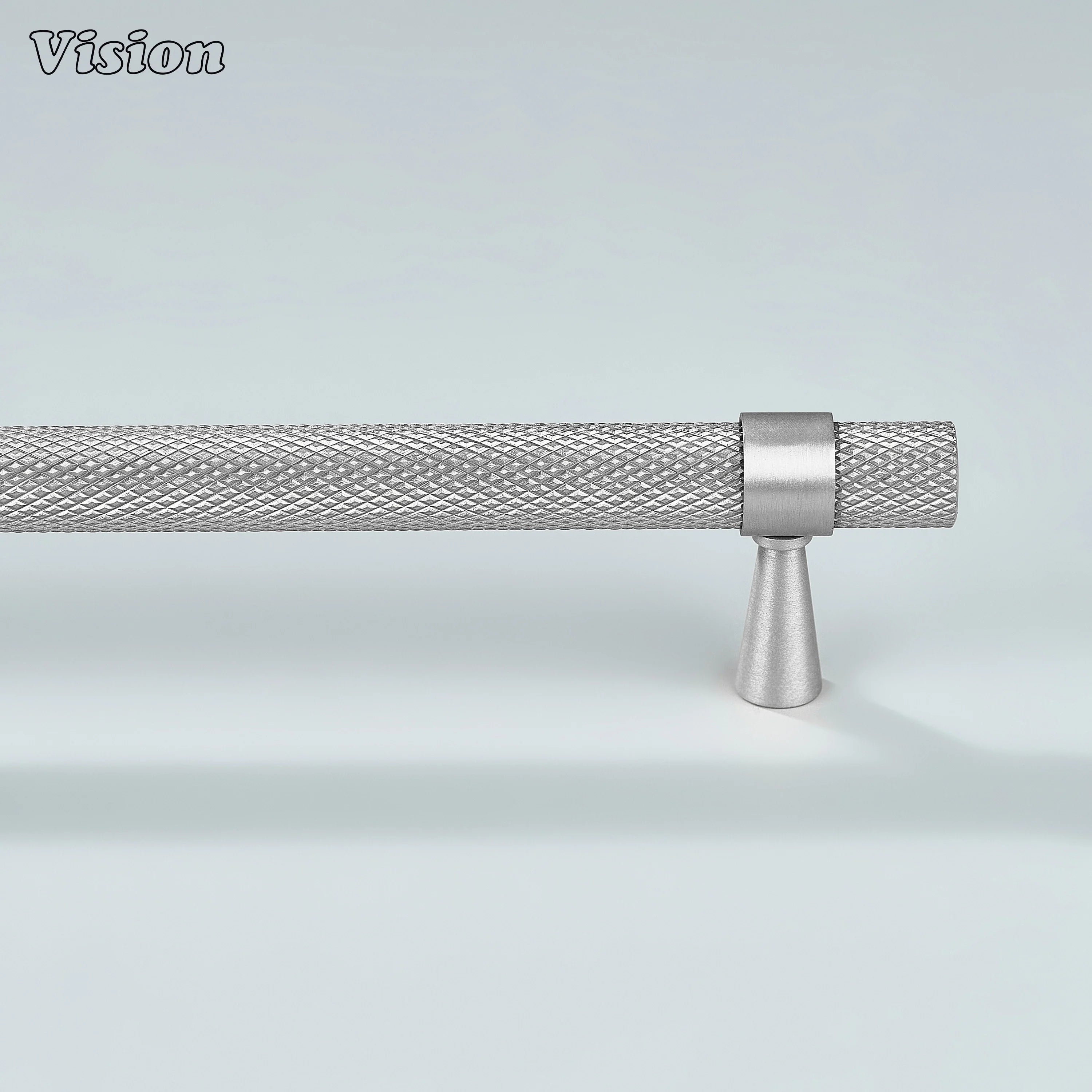 Contemporary silver Canyon knurled handle used for cabinets and wardrobes.