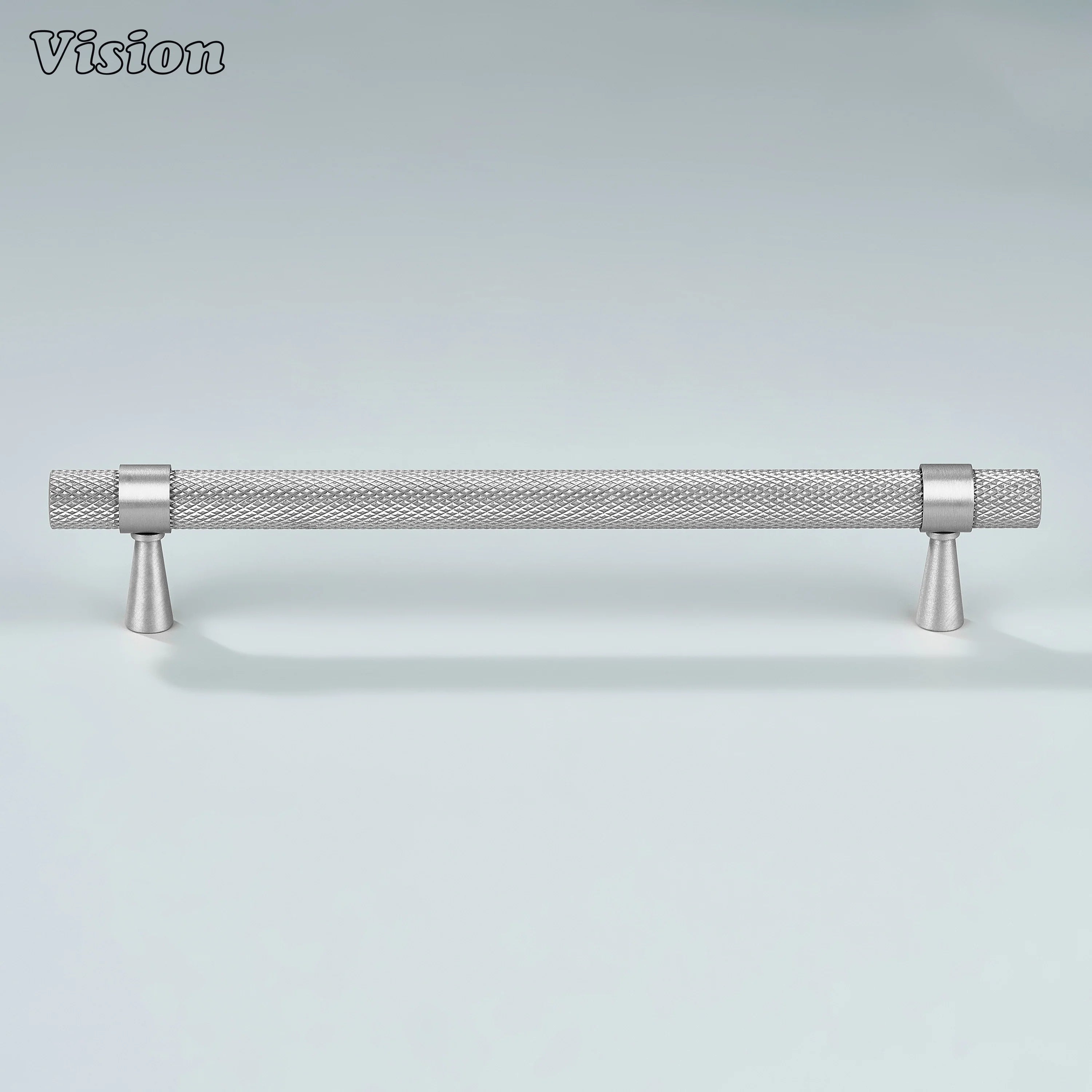 Solid brass silver Canyon handle for bathroom cabinets.