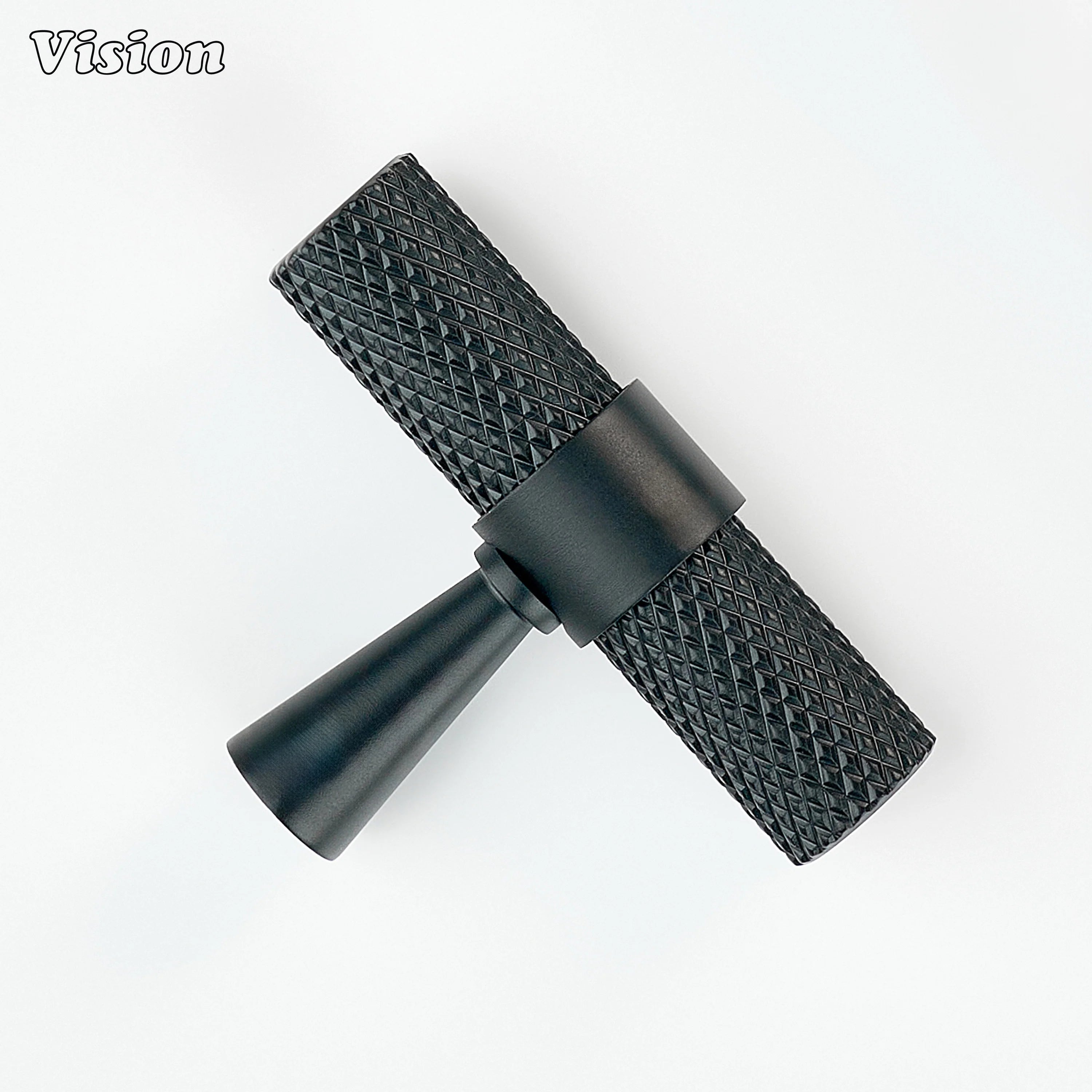 Black knurled cabinet T-knob with cylindrical bar and cone leg design