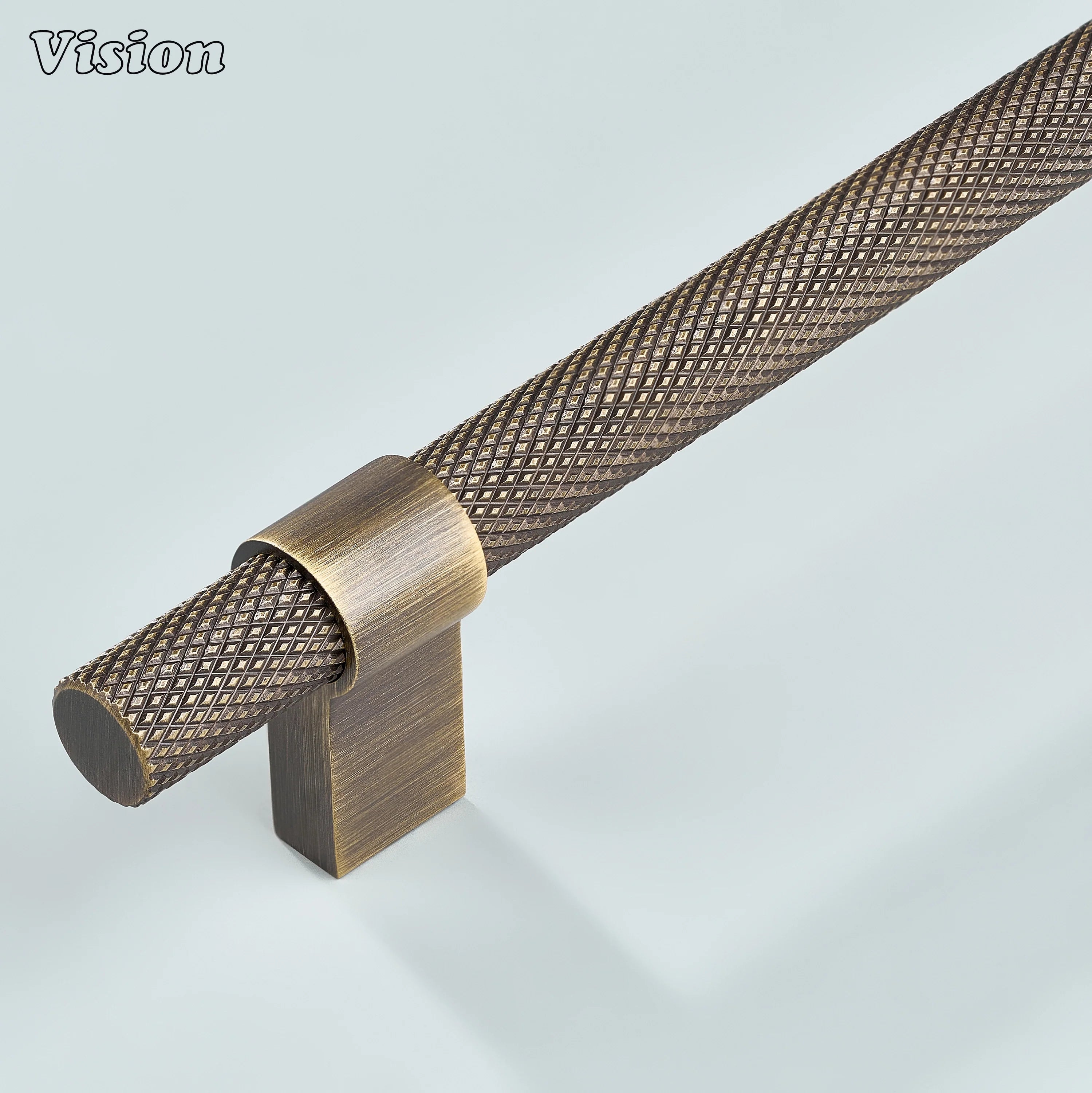 Celestia antique bronze knurled handle with ringed square legs for premium kitchen cabinets.