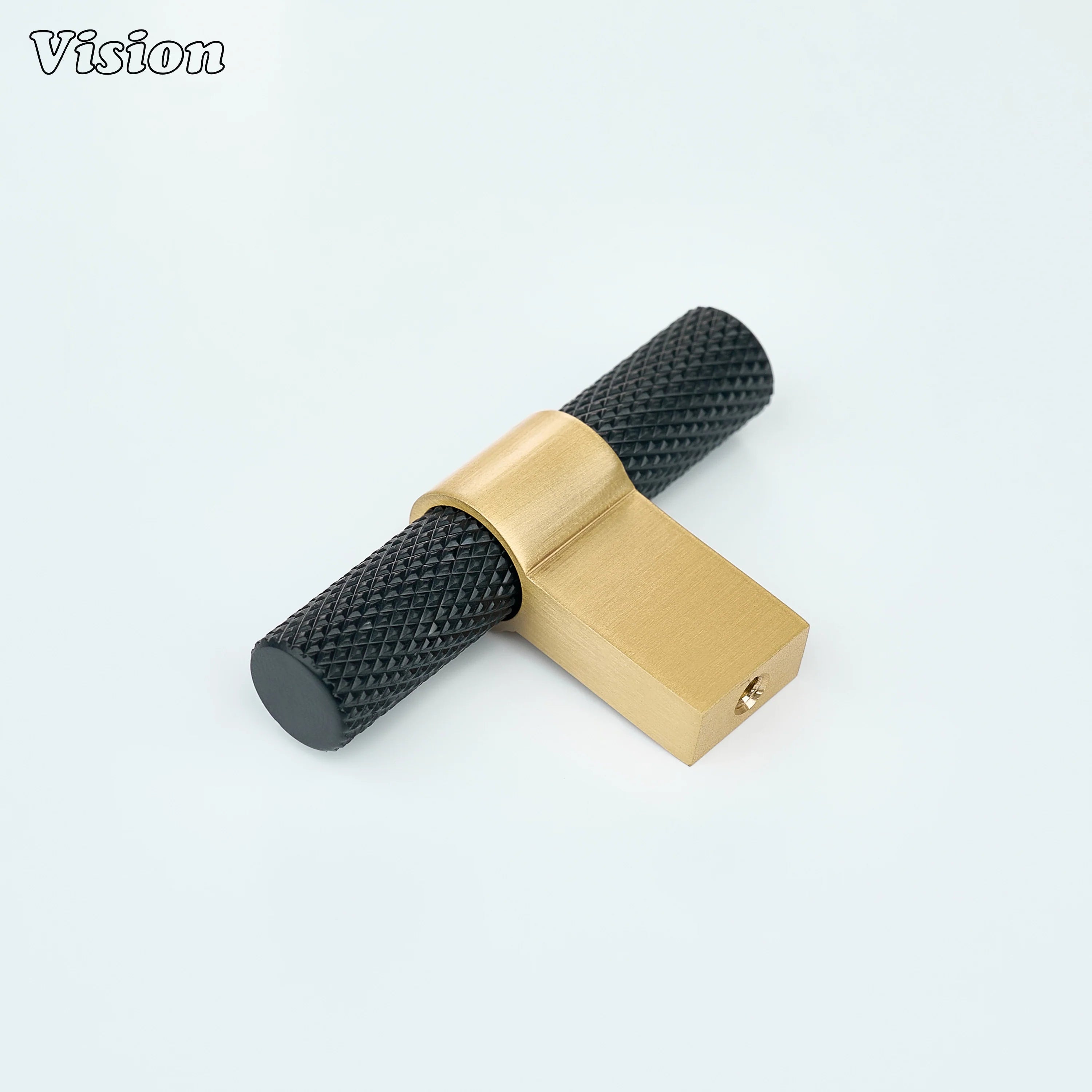 Premium knurled cabinet t-knob in Black and Gold with cylindrical bar for luxury drawer units