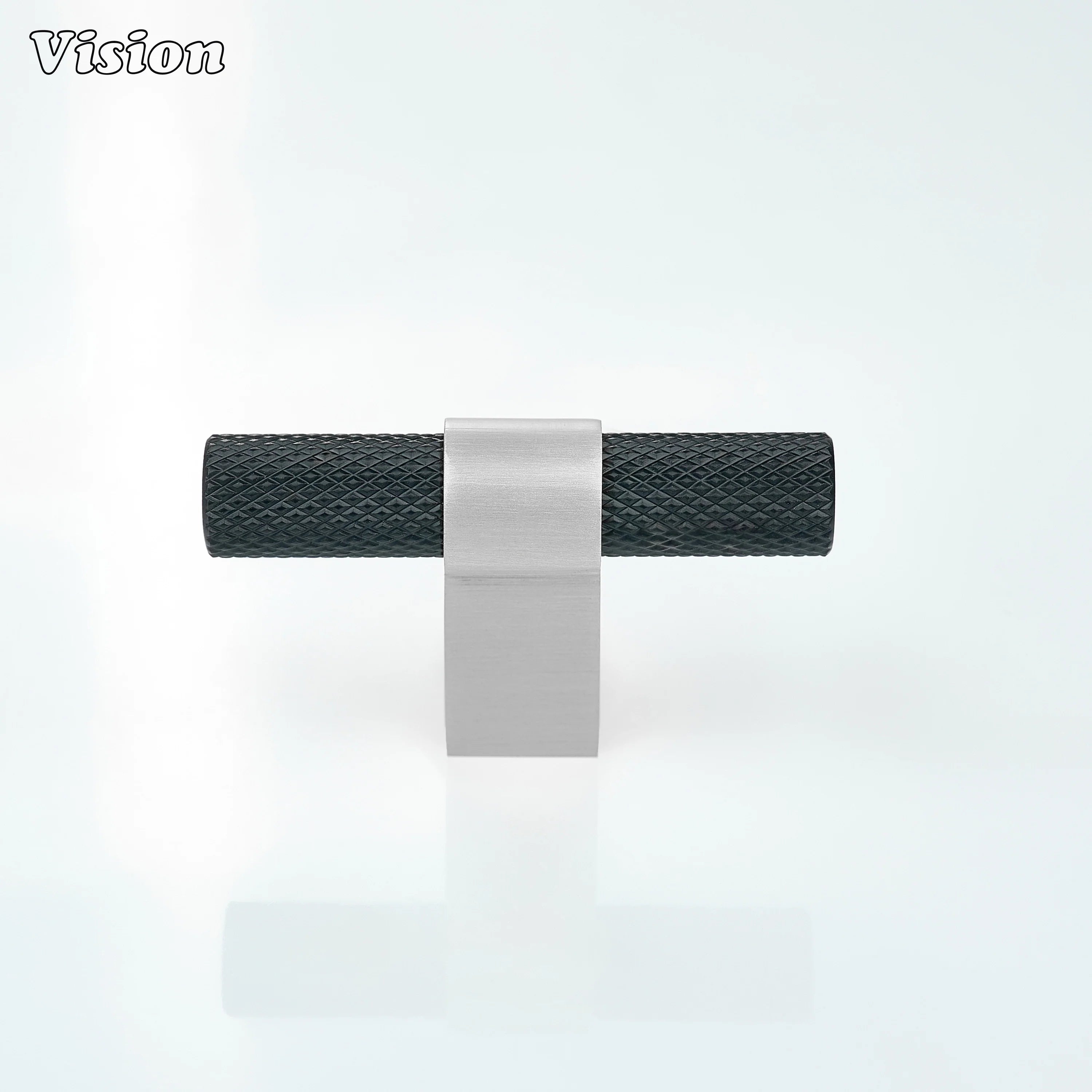 Black and Silver knurled cabinet t-knob with textured bar design for modern wardrobe doors