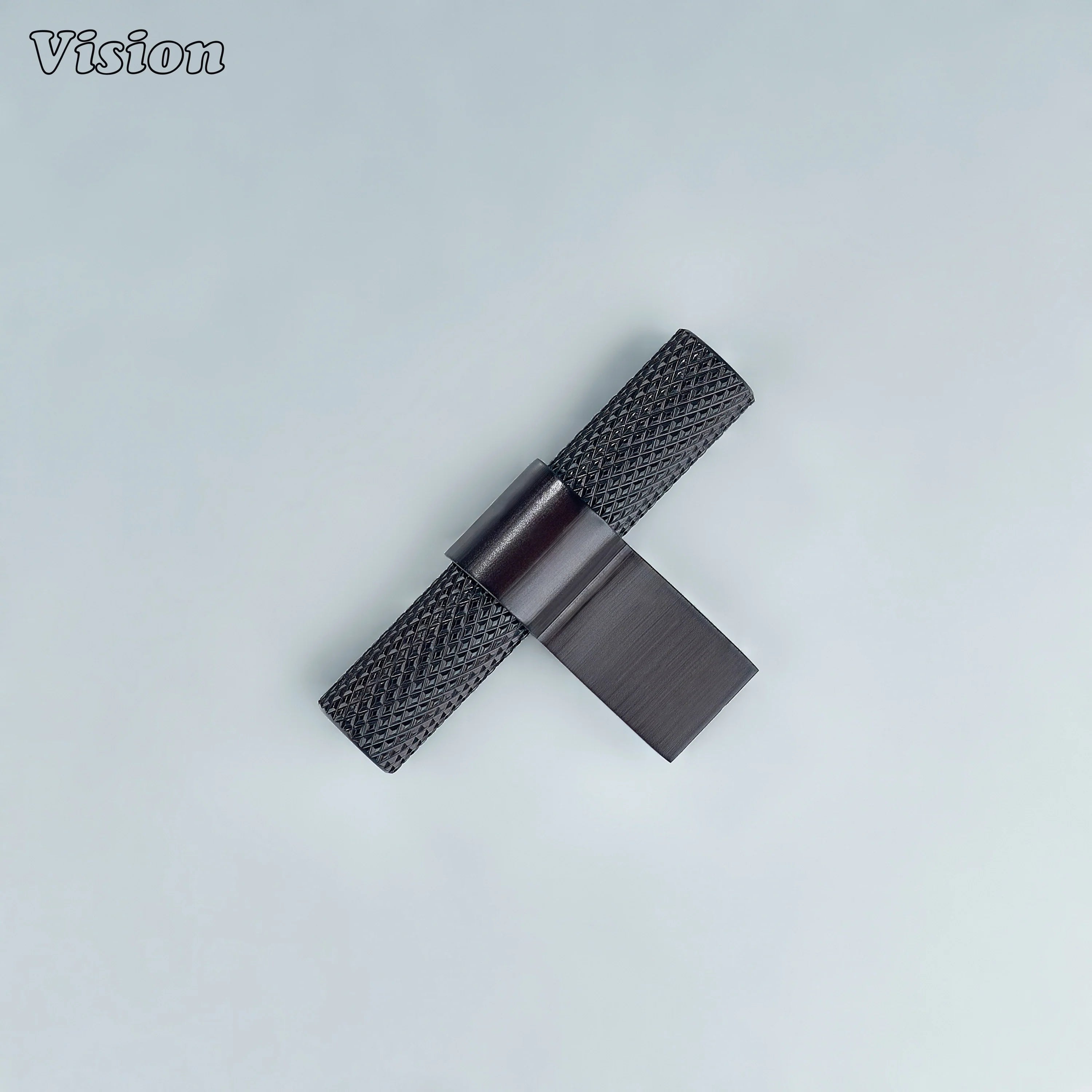 Rustic oil rubbed bronze knurled T-knob with ringed support for furniture.