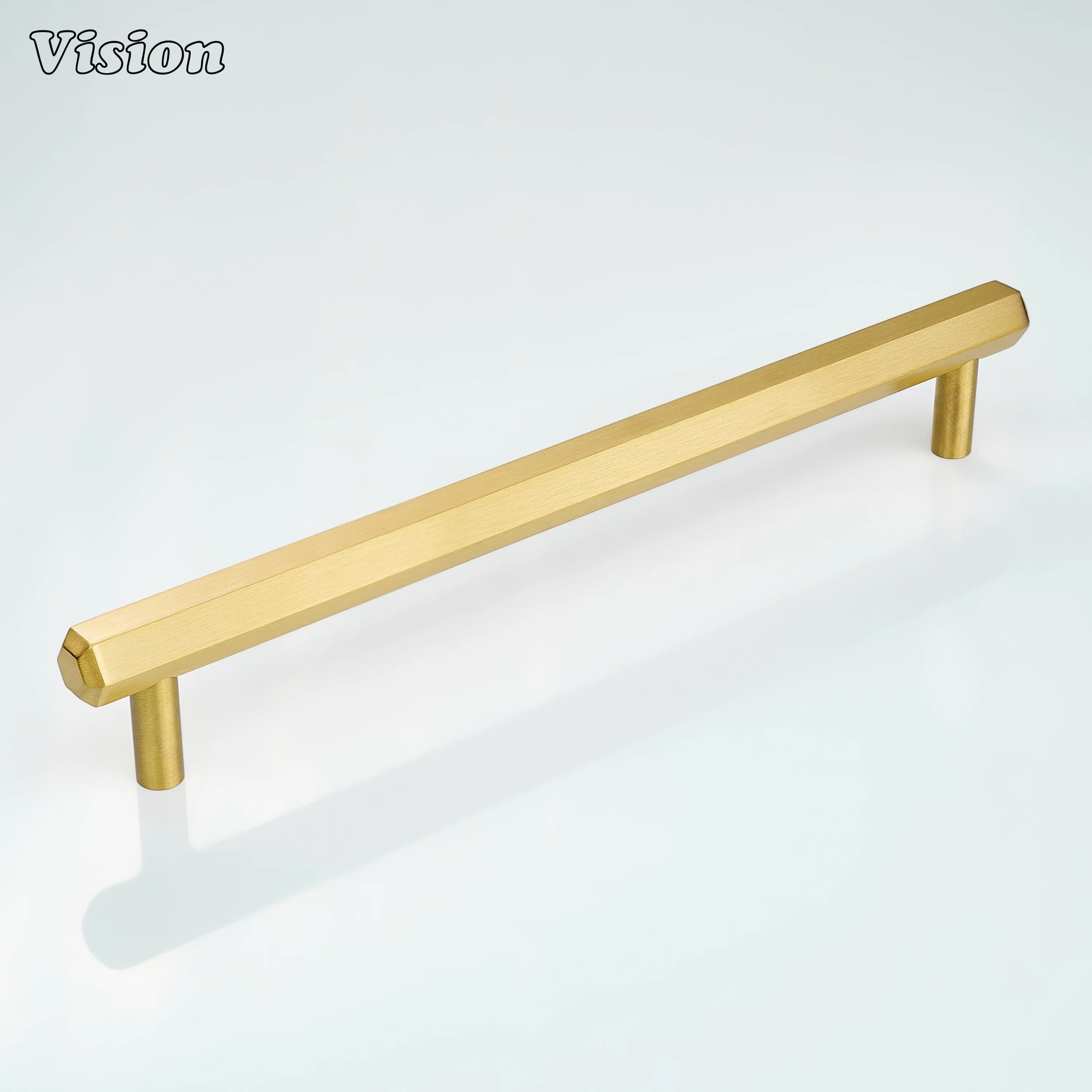 Gold cabinet handle designed with a clean hexagonal bar and cylinder legs for wardrobes