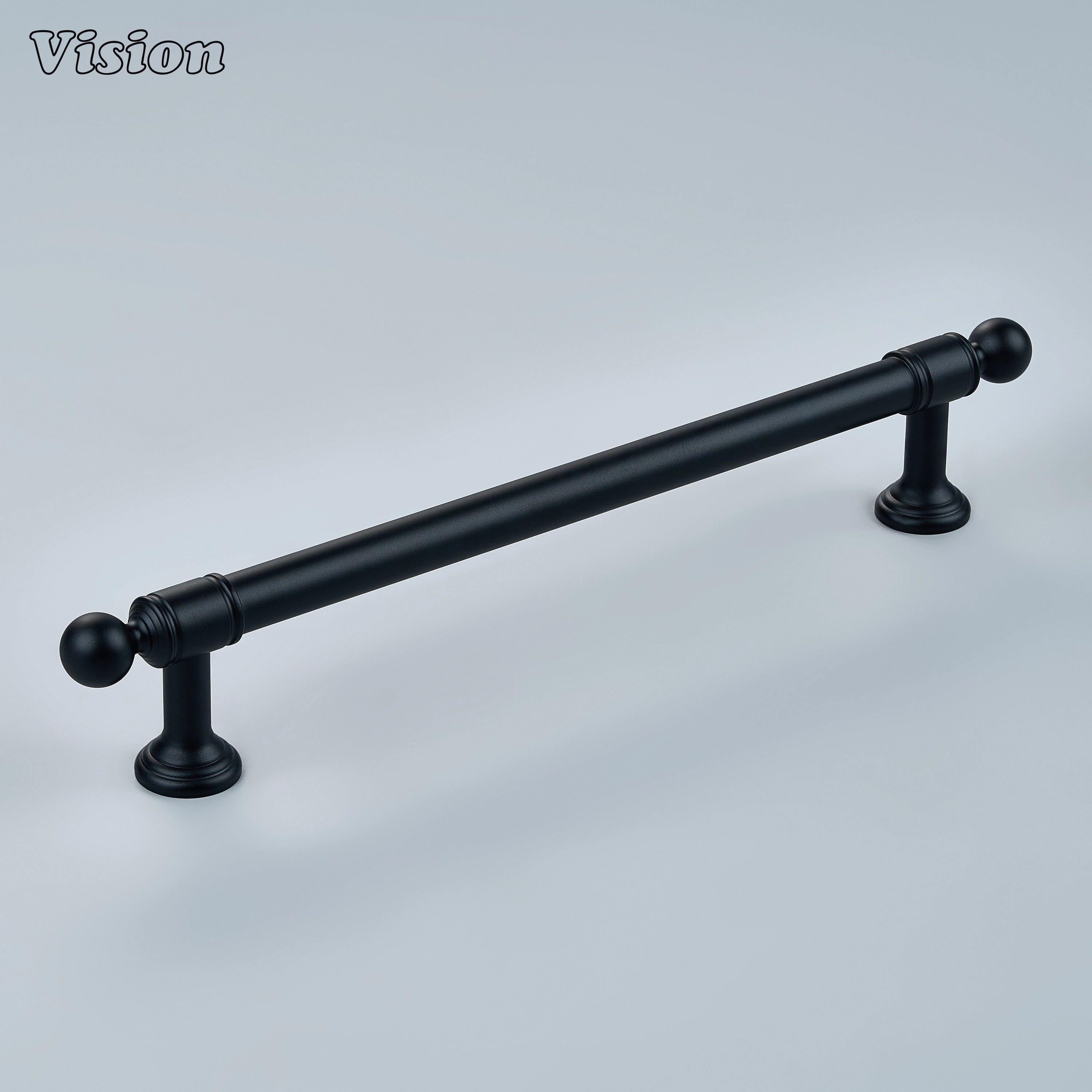 Sleek black solid brass cabinet hardware with tiered steps on custom cabinetry