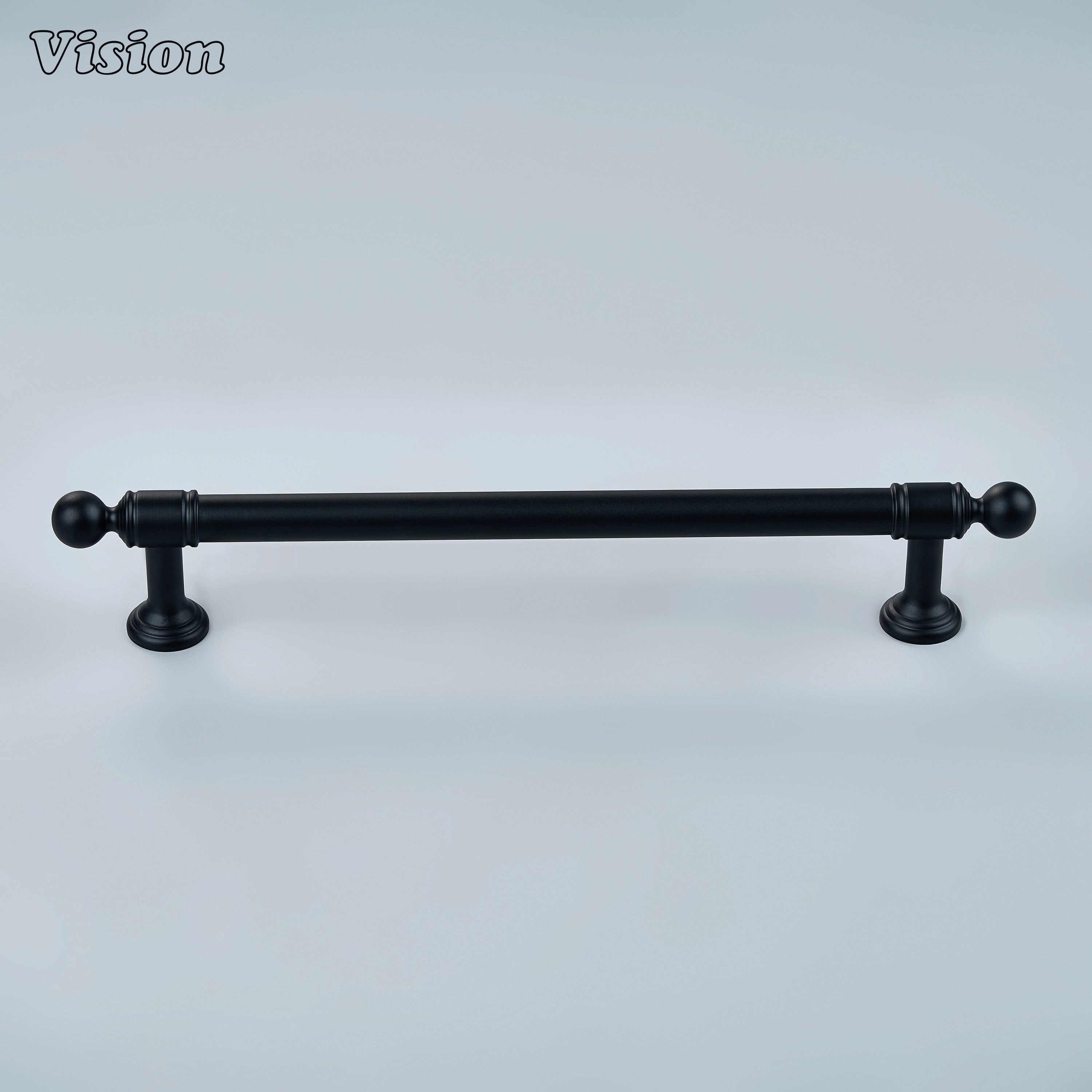 Art Deco inspired black cabinet pull with stepped edges on office drawers