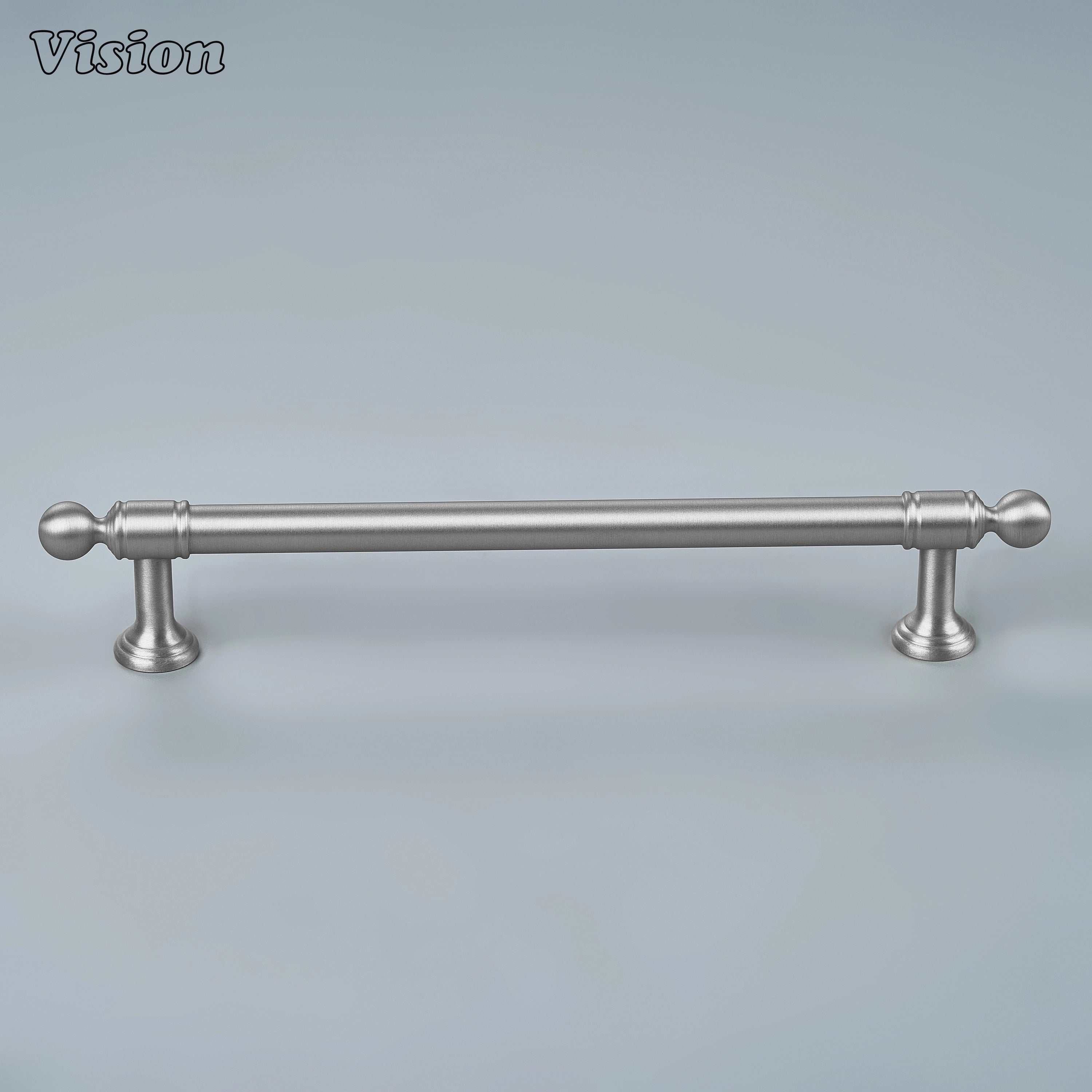 Art Deco inspired silver cabinet pull with stepped edges on office drawers