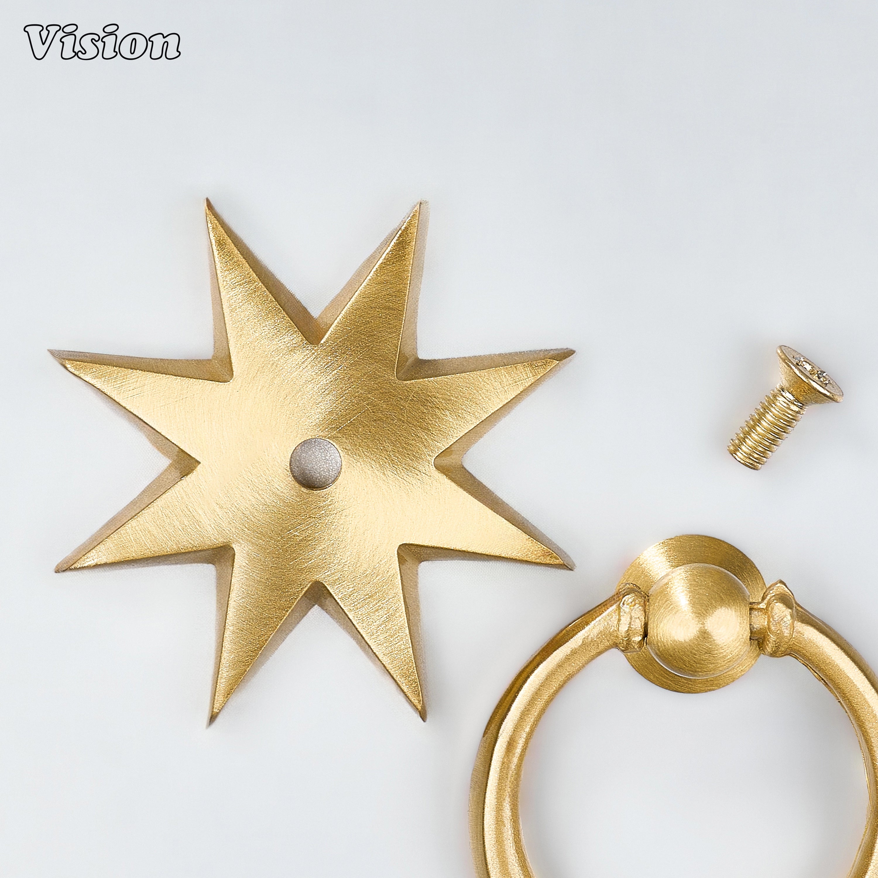 Gold plain brass cabinet drop pull with decorative star profile for dresser drawers and furniture