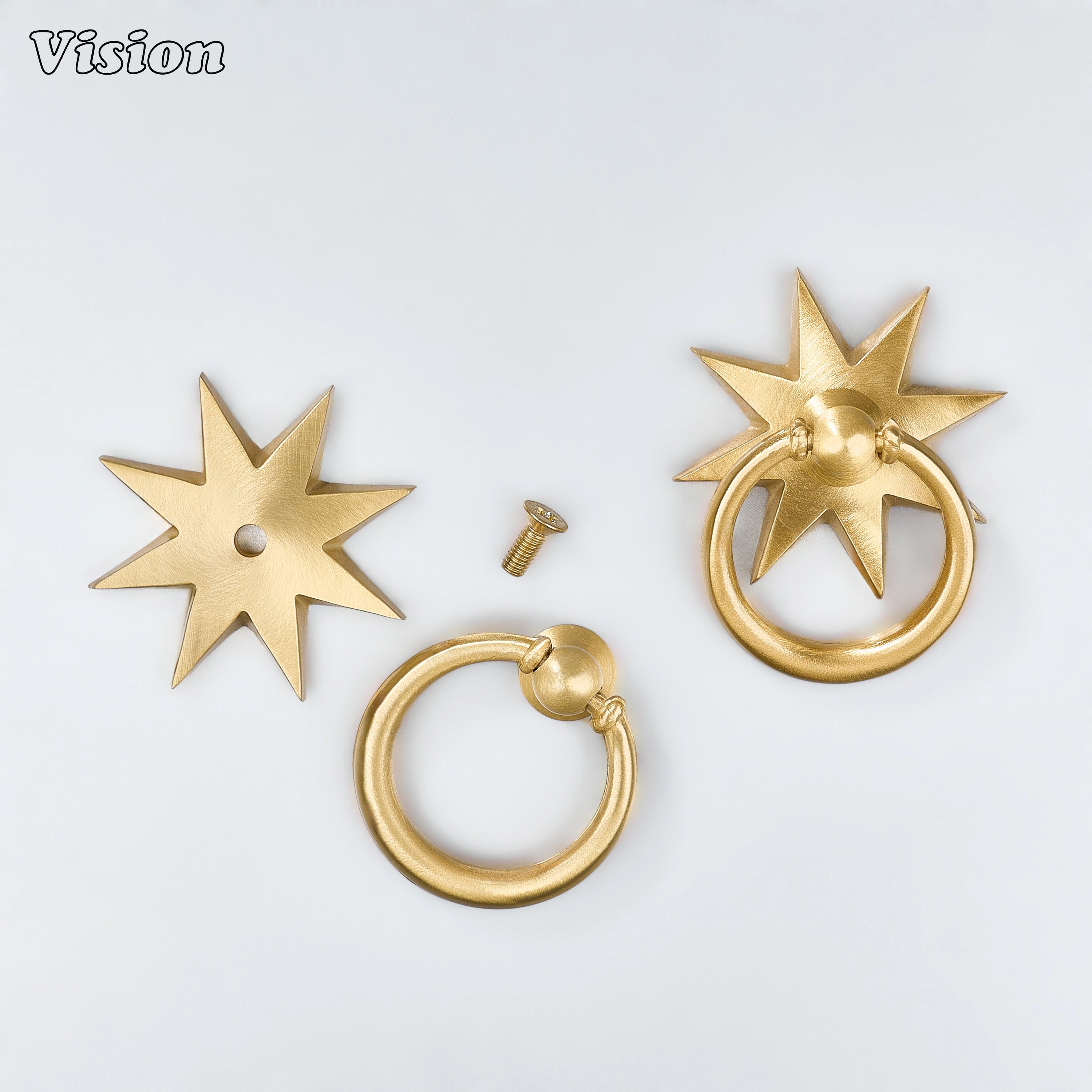 Gold plain brass star medallion ring pull with rounded grip for statement furniture and dressers