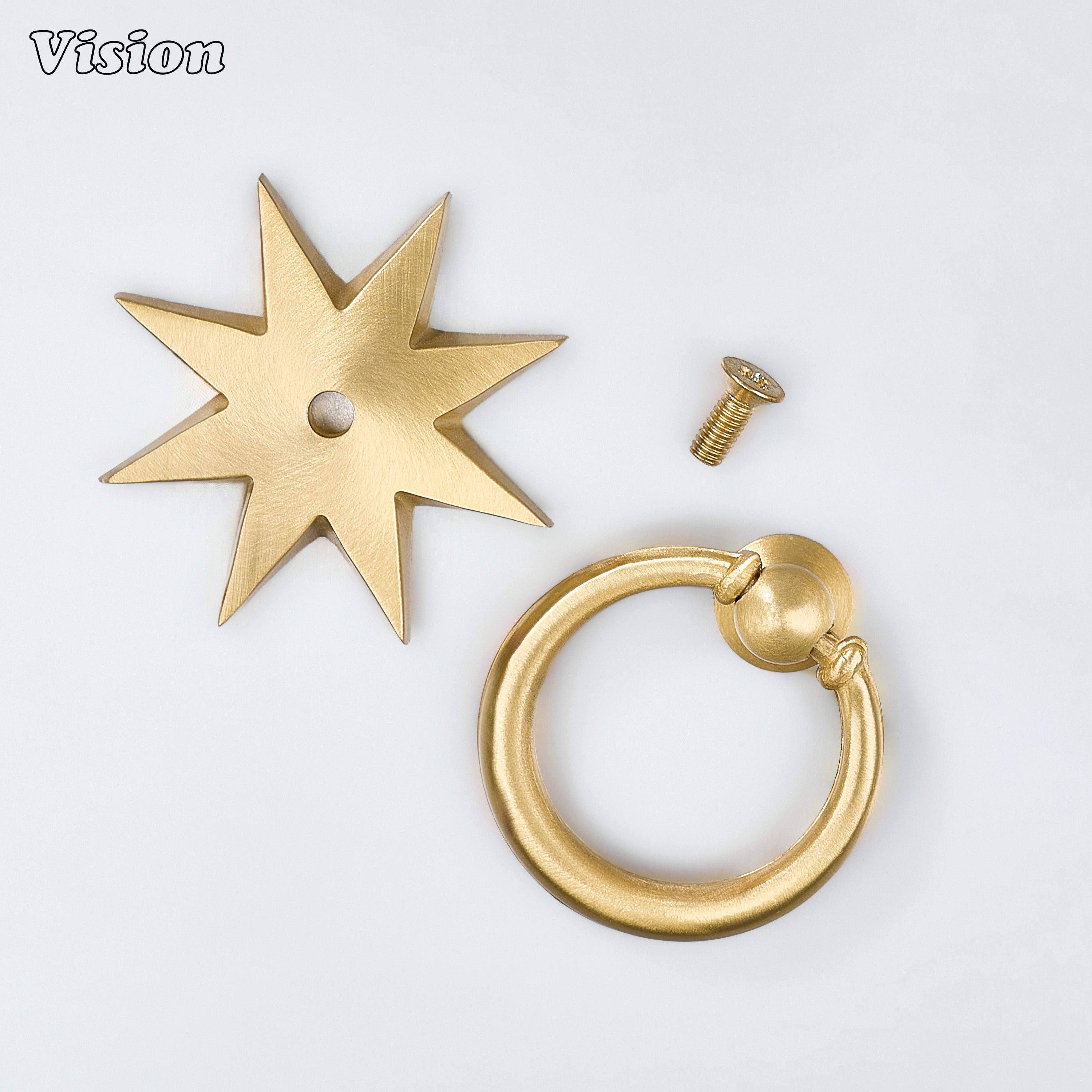 Gold plain starburst medallion pull with circular brass ring for wardrobe cabinets and storage units