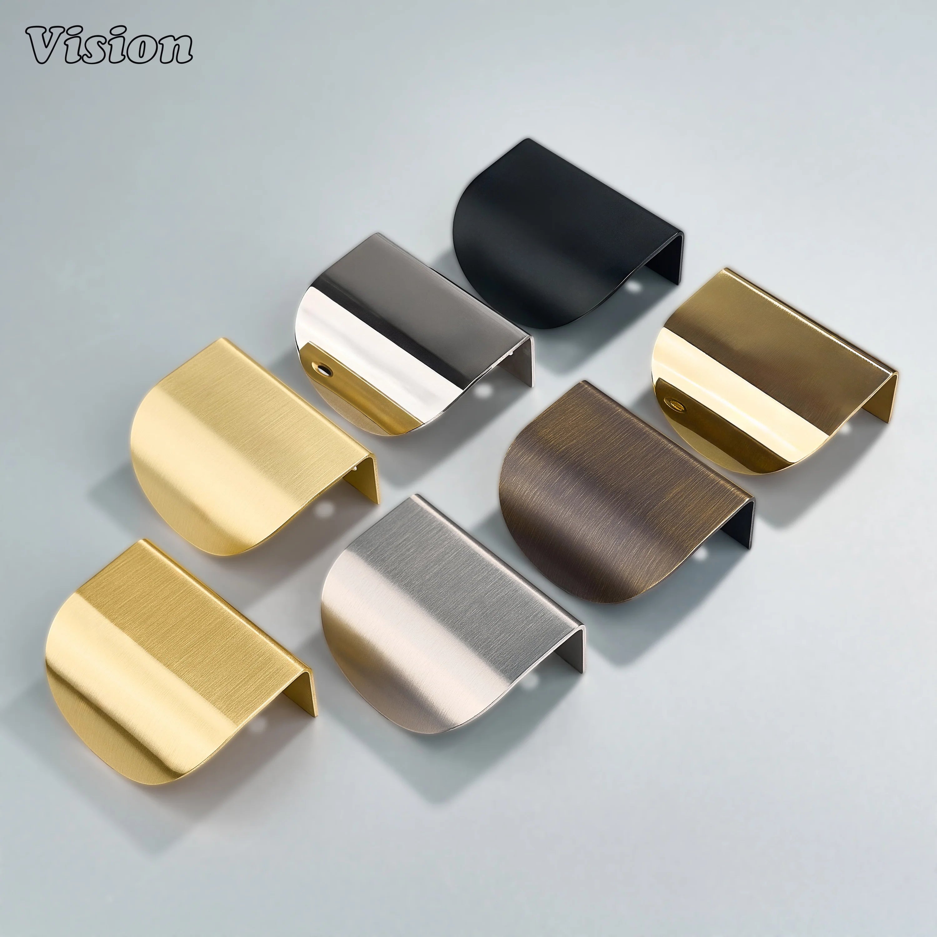 Plain curve cabinet handle in Gold finish with rounded edge form, solid brass pull for drawers and wardrobe units
