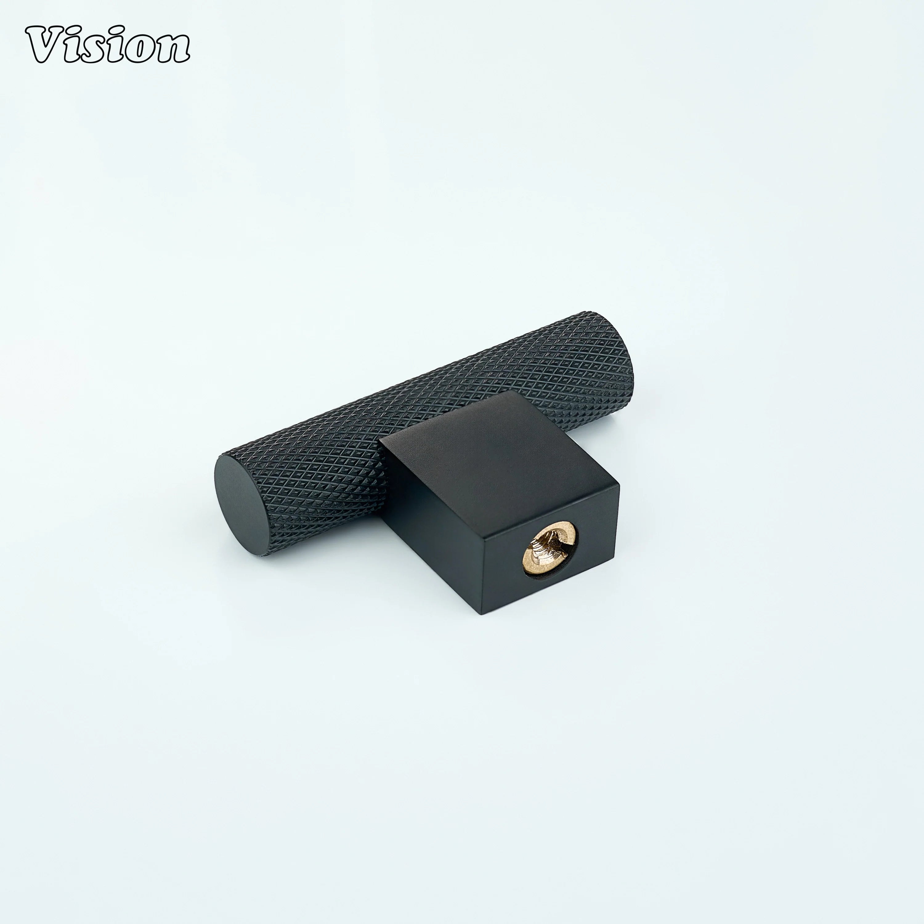 Black brass t-knob with square leg mounted on cabinet fronts