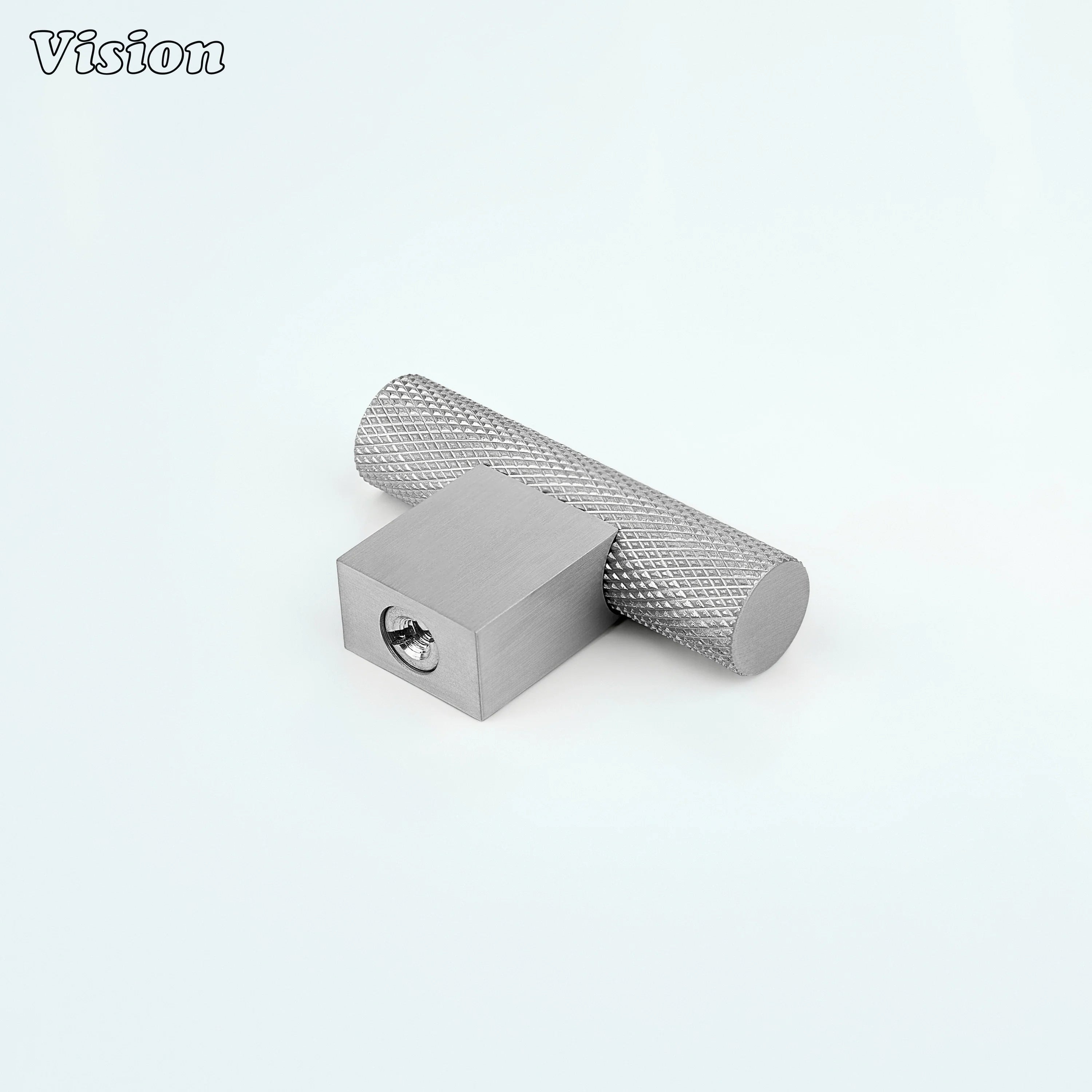 Silver knurled cabinet t-knob featuring textured cylindrical bar for drawers