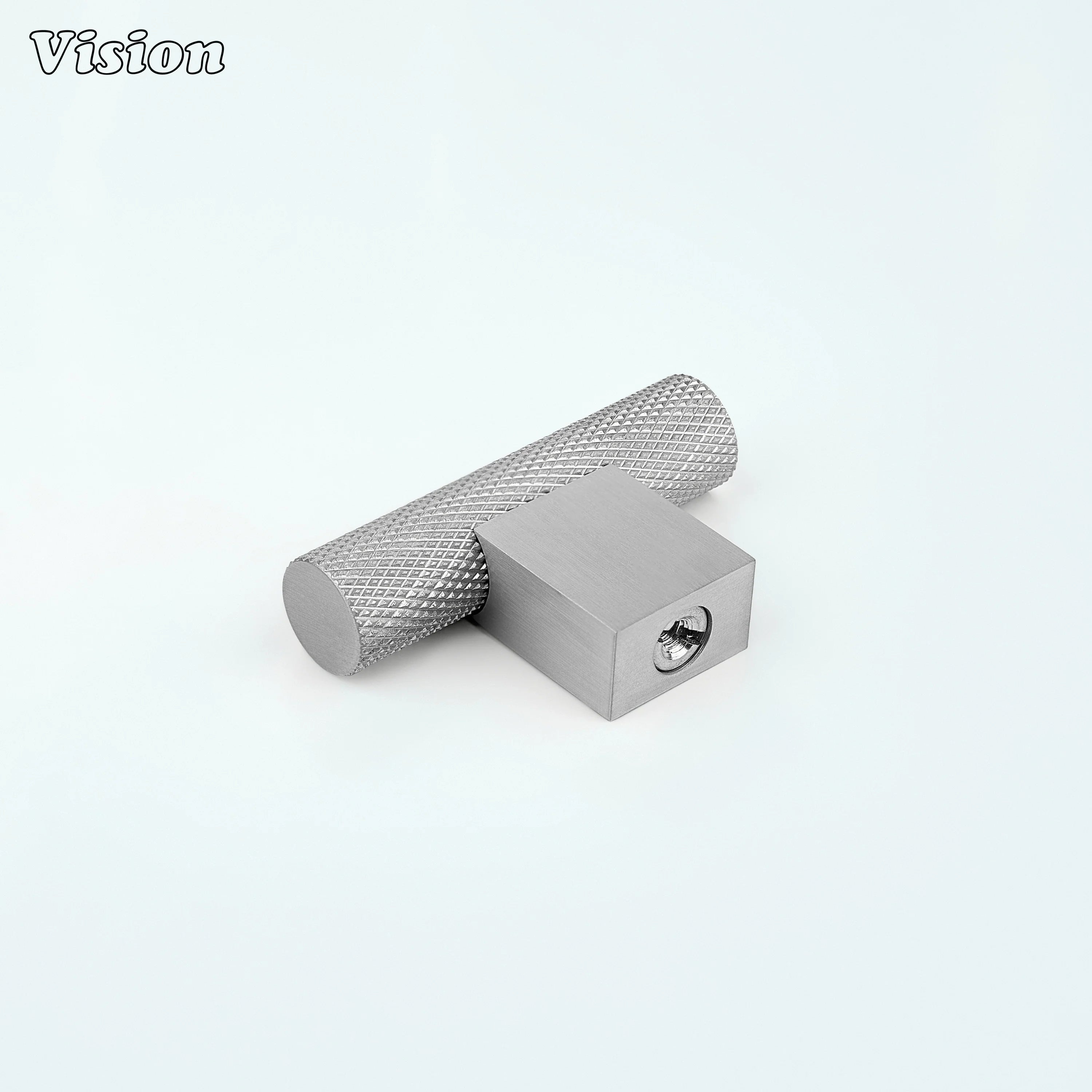 Silver brass t-knob with square leg mounted on cabinet fronts