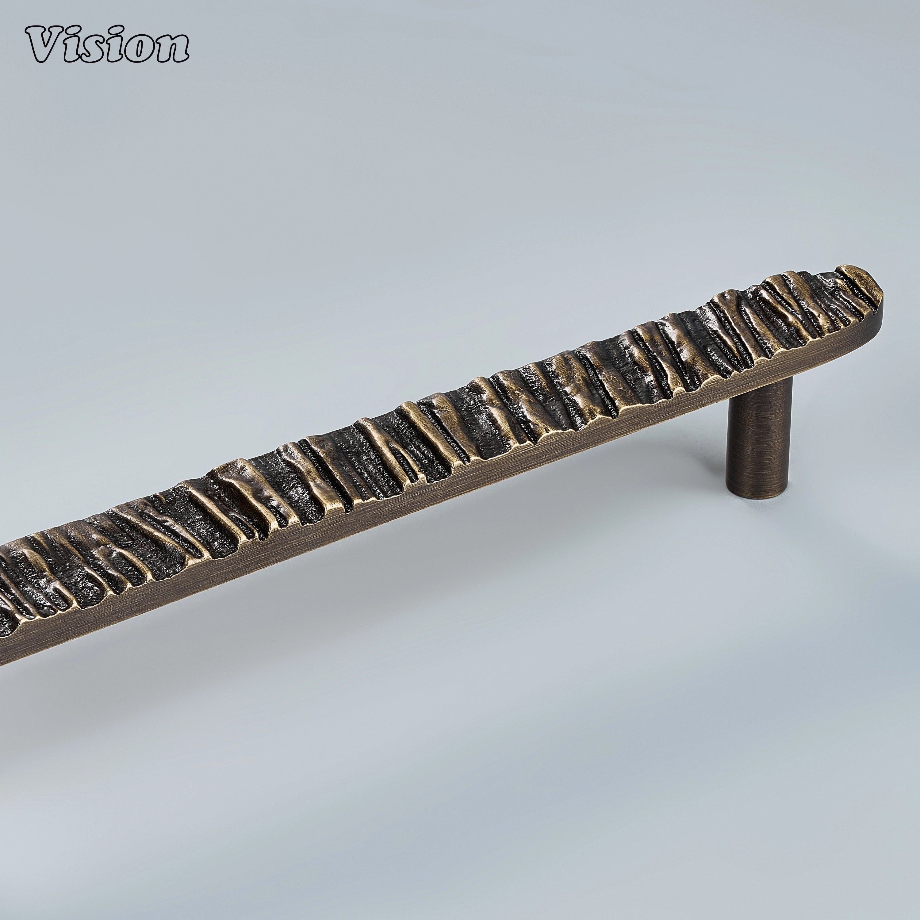Premium antique bronze textured brass cabinet pull with rounded ends on bathroom vanities