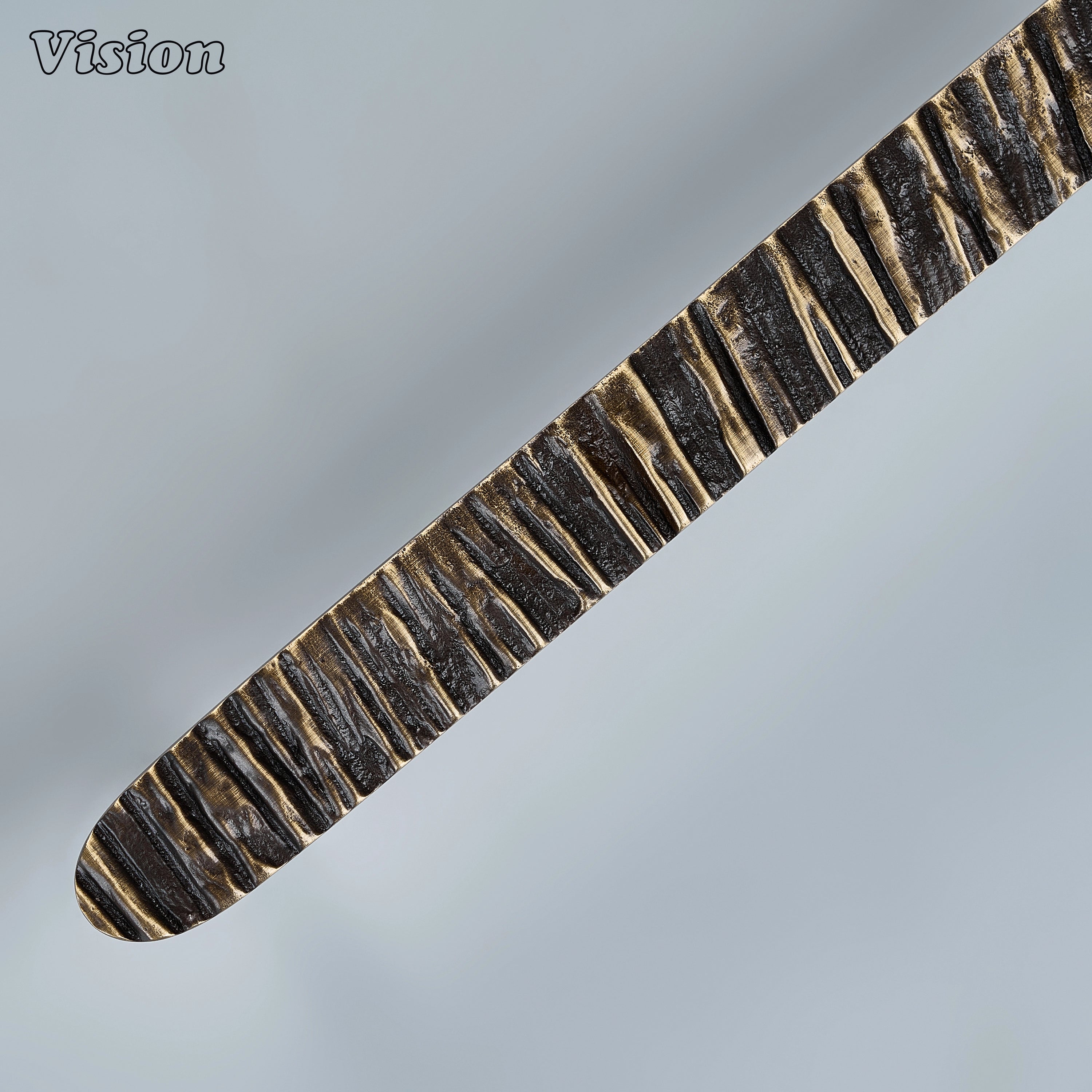 Antique bronze artisanal cabinet handle with tactile bark surface and posts for custom joinery