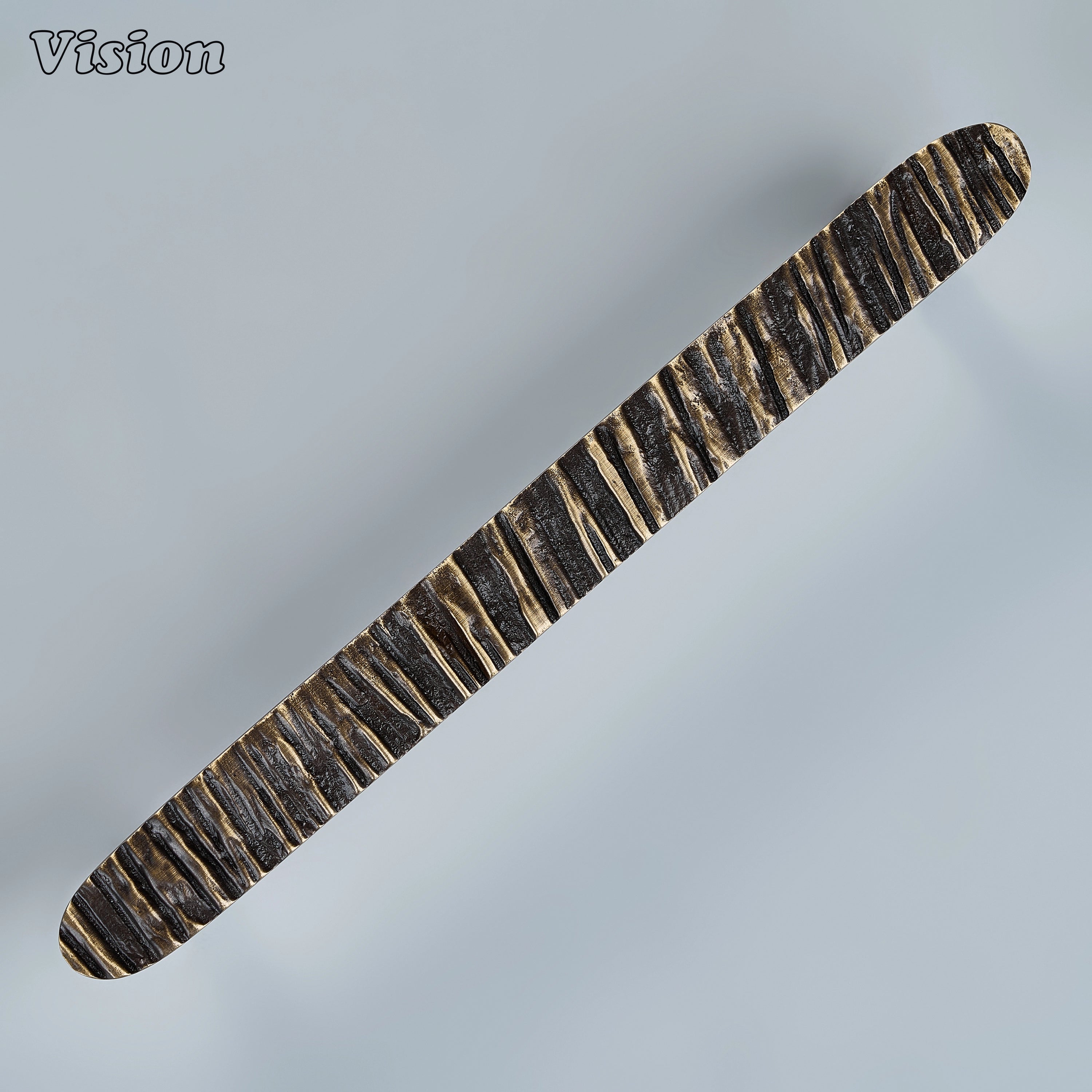Solid brass antique bronze textured cabinet pull with linear bark profile for luxury armoires