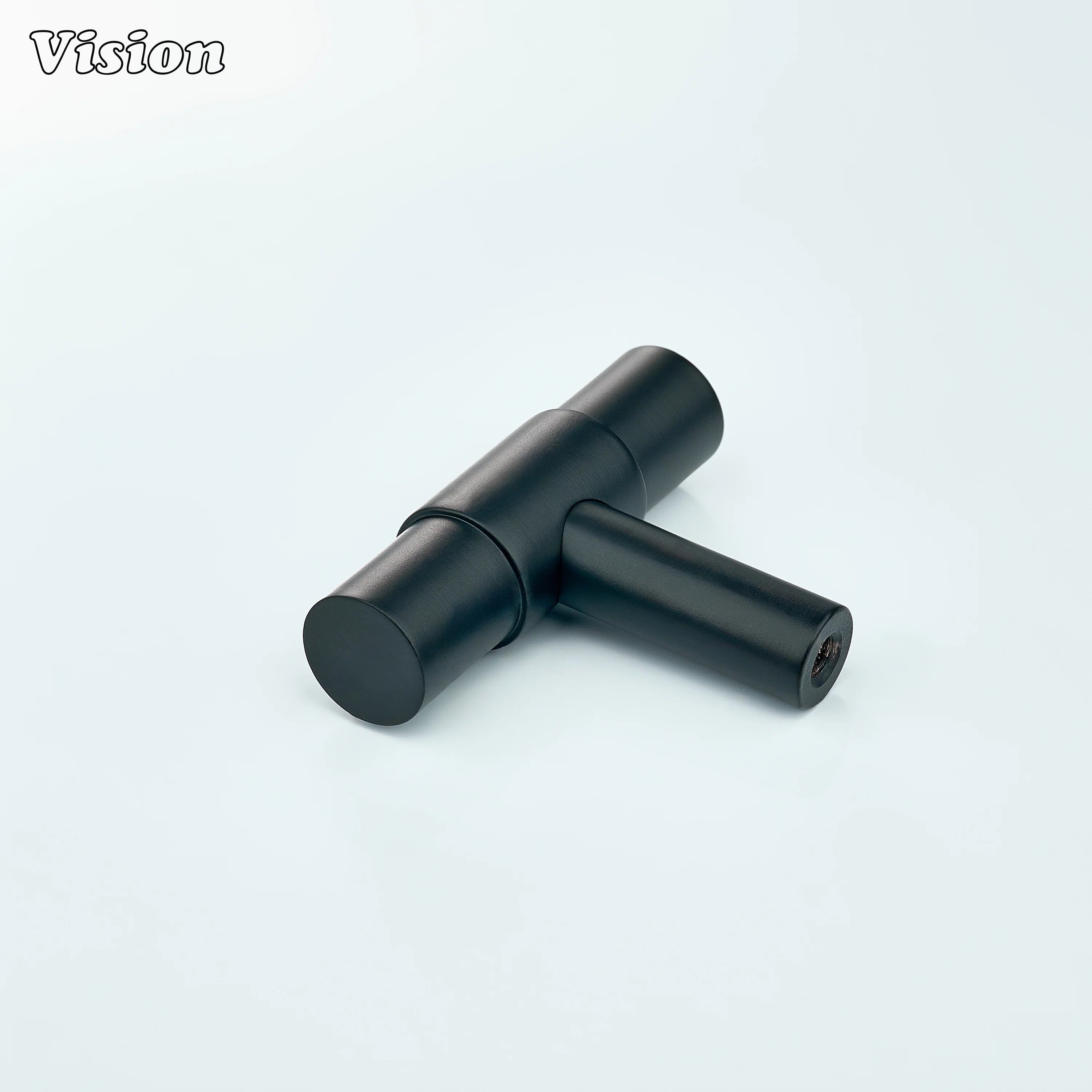 Black t-knob with solid brass round bar and central ring detail for furniture