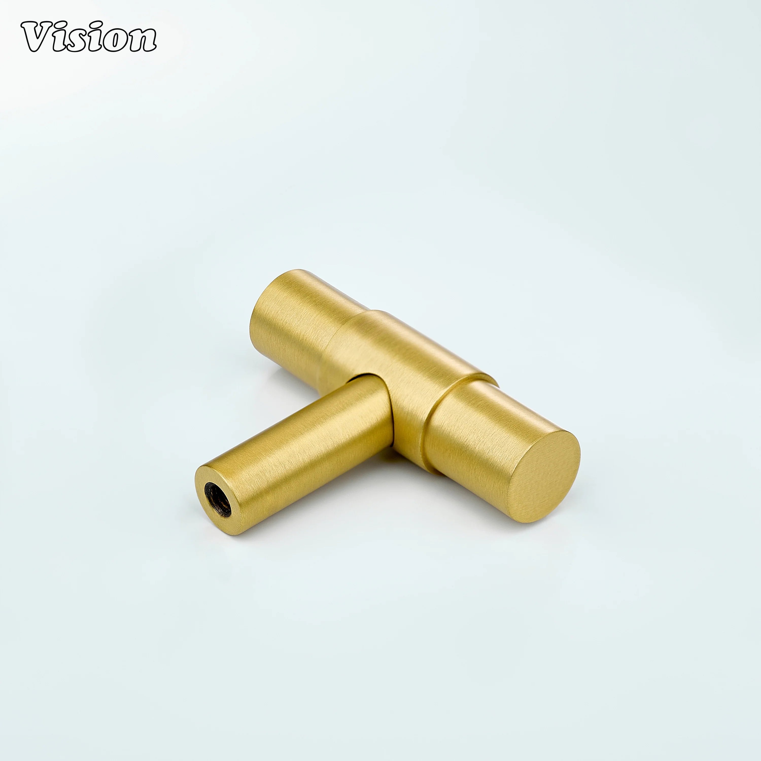 Gold solid brass t-knob with round ends and raised center ring for kitchen drawers