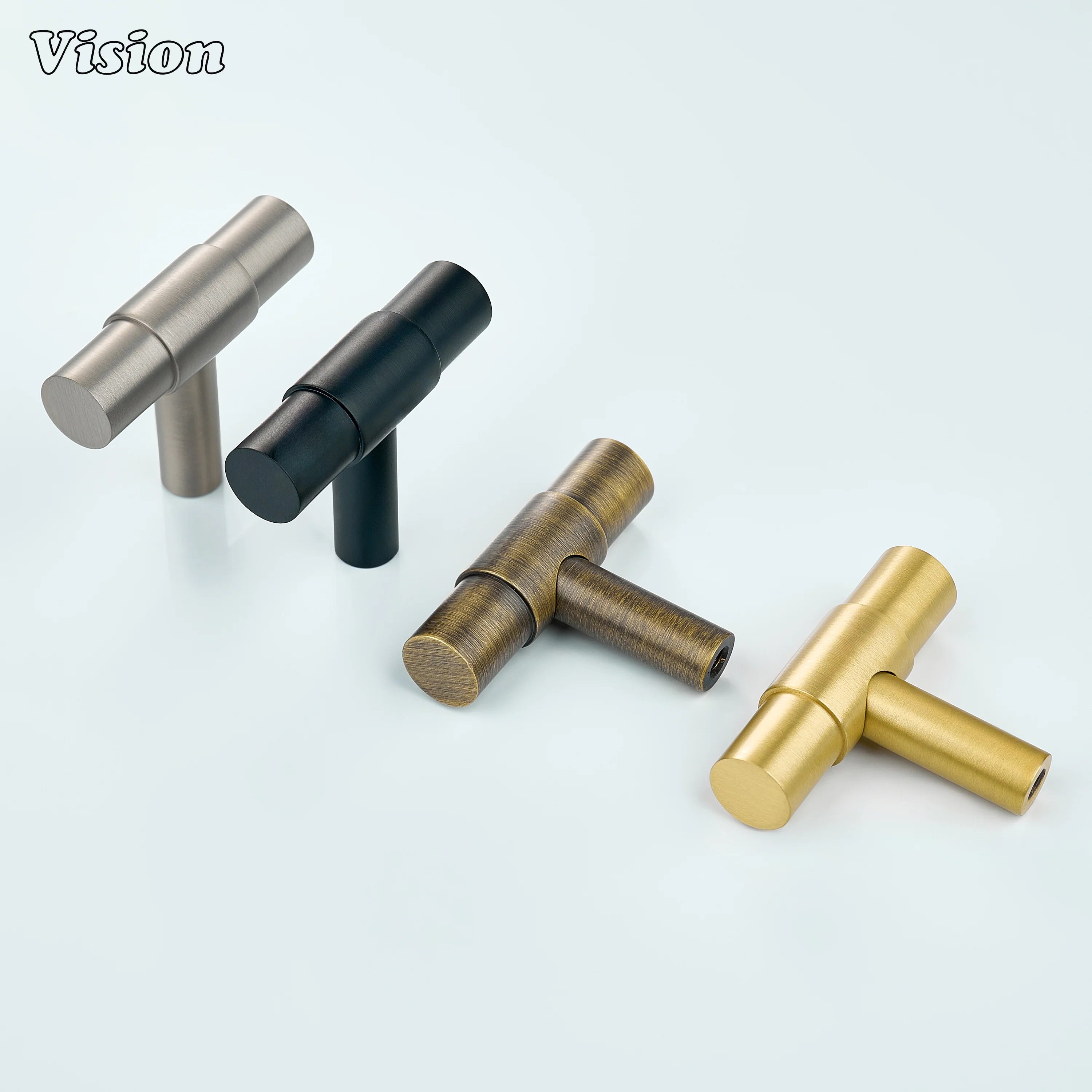Silver modern cabinet knob with cylindrical profile and center ring for furniture