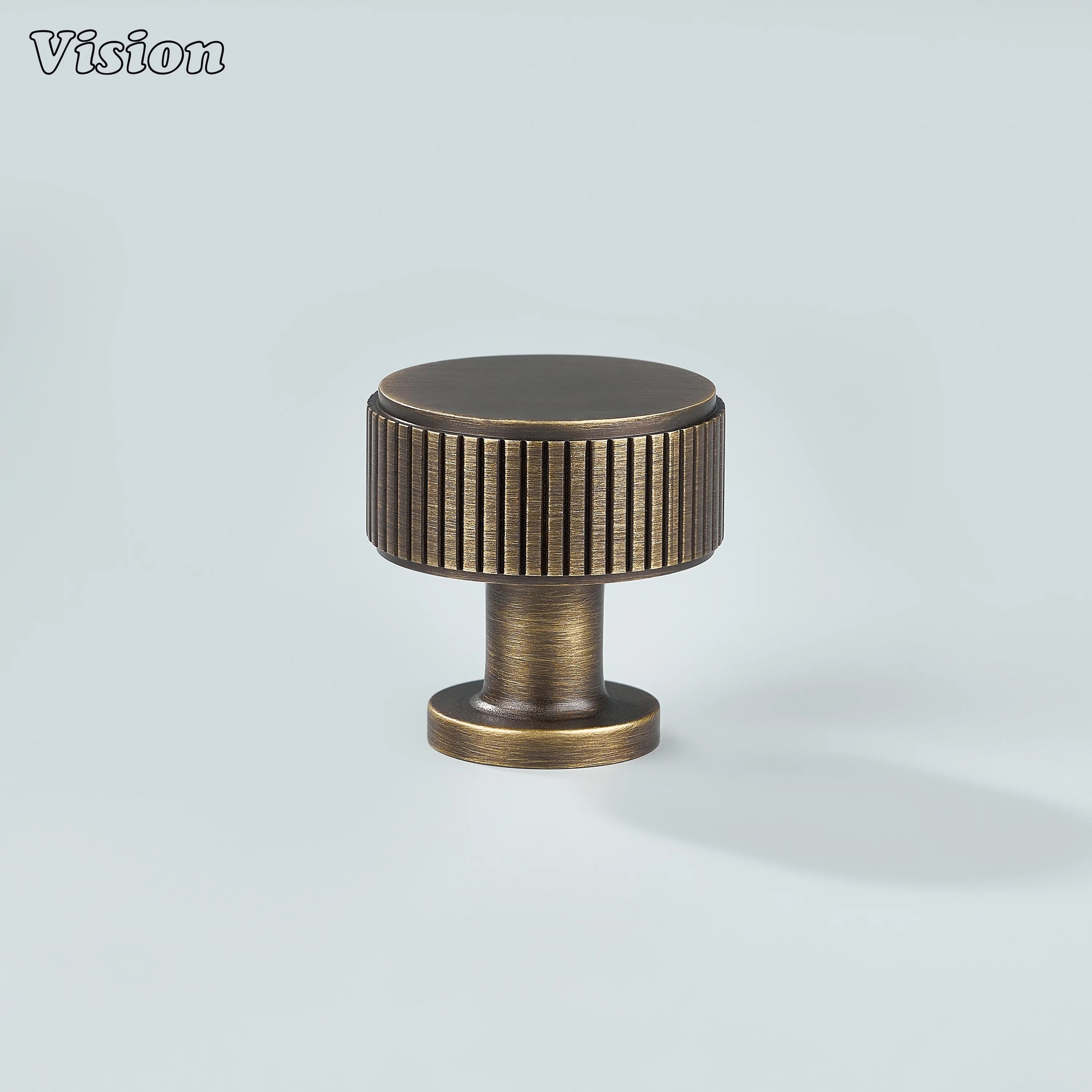 Linear knurled round cabinet knob in Antique Bronze finish for solid brass furniture drawers