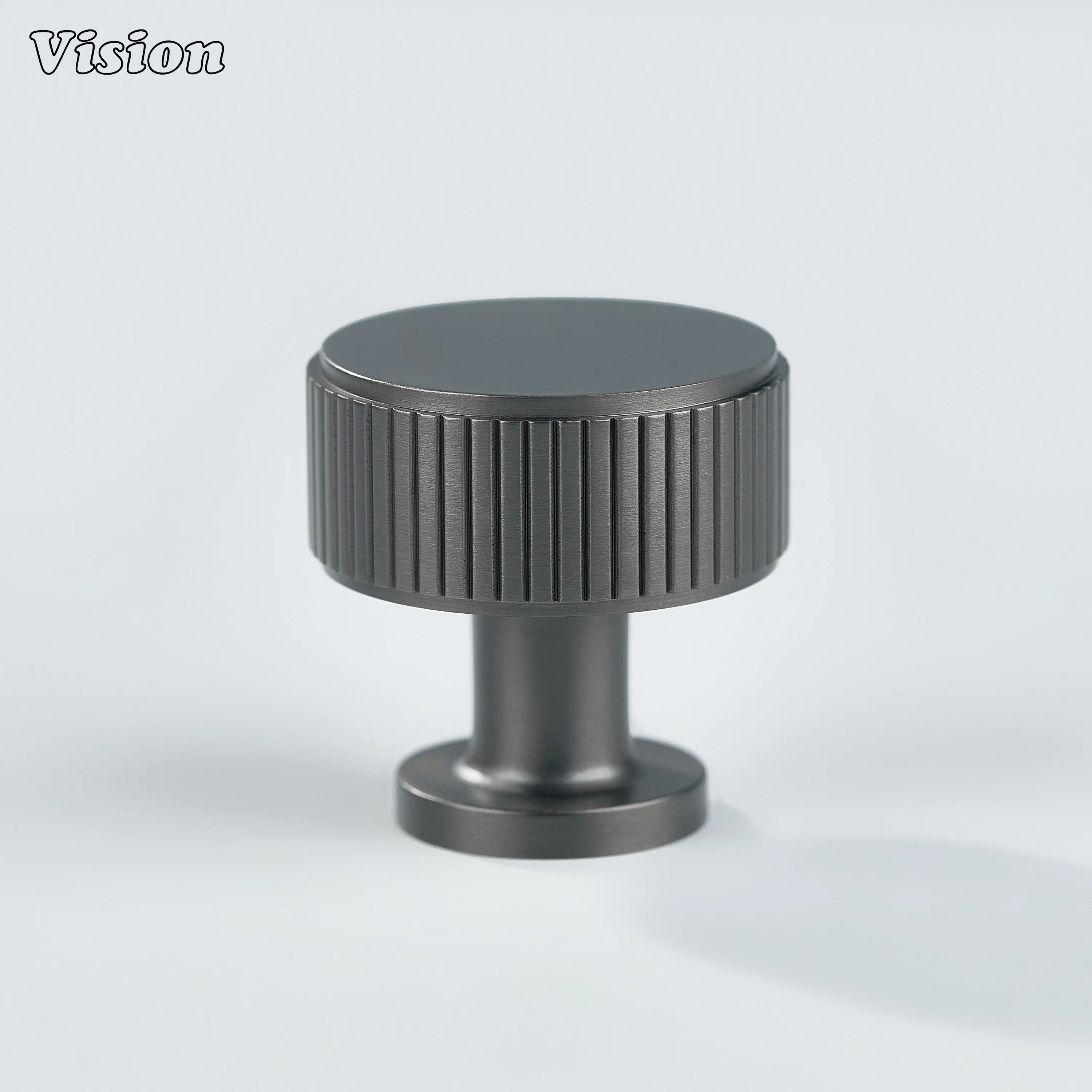 Linear knurled round cabinet knob in Gunmetal finish for solid brass drawer furniture