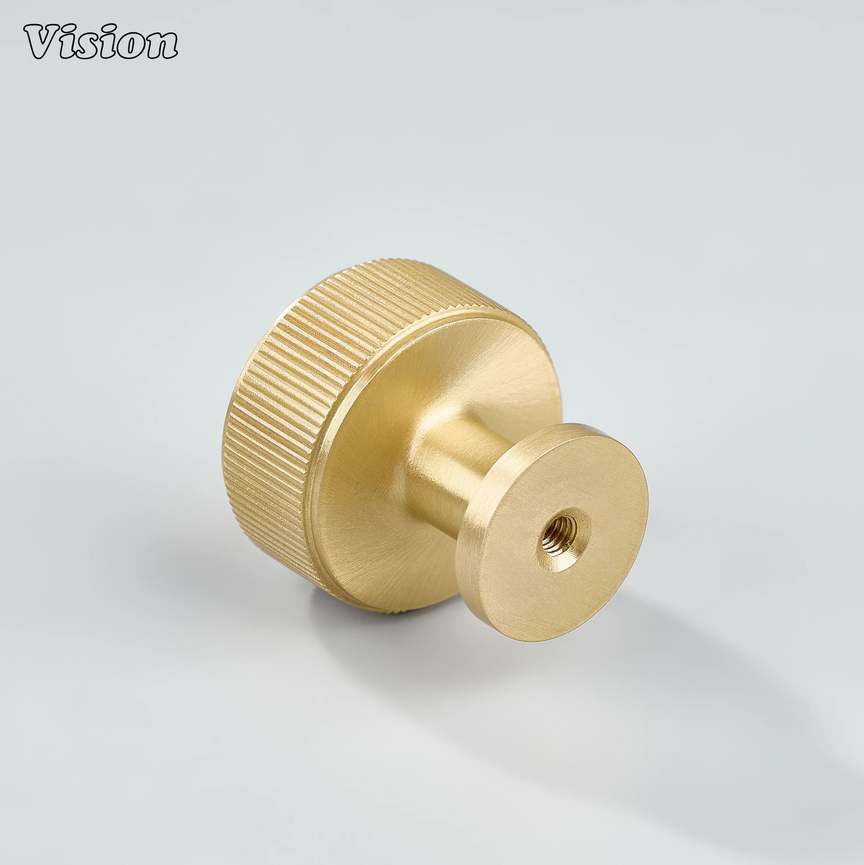 Gold finished linear knurled brass round cabinet knob designed for drawer and cabinet applications