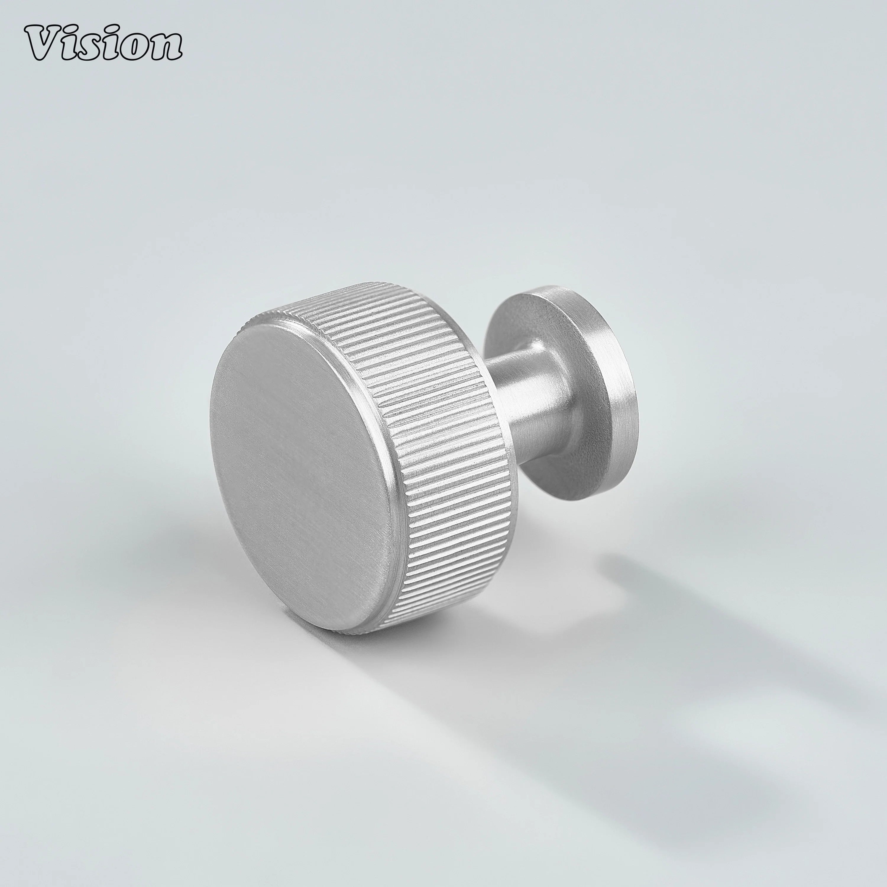 Silver linear knurled brass cabinet knob with round face for modern kitchen cabinets
