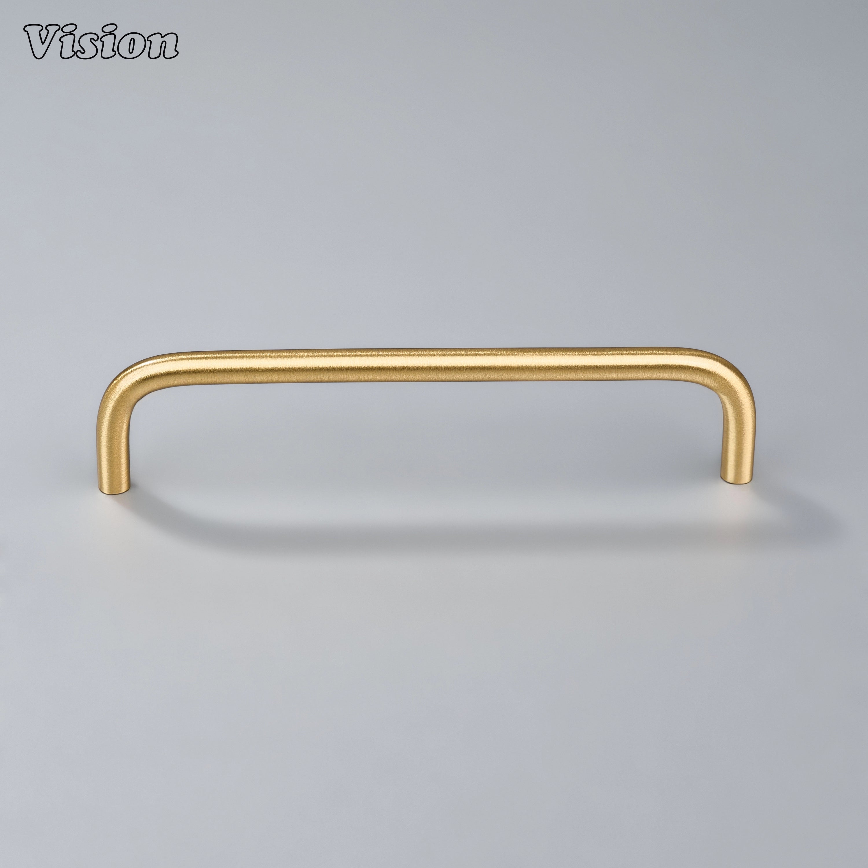 Gold tubular cabinet pull with curved legs for pantry cupboards and furniture.