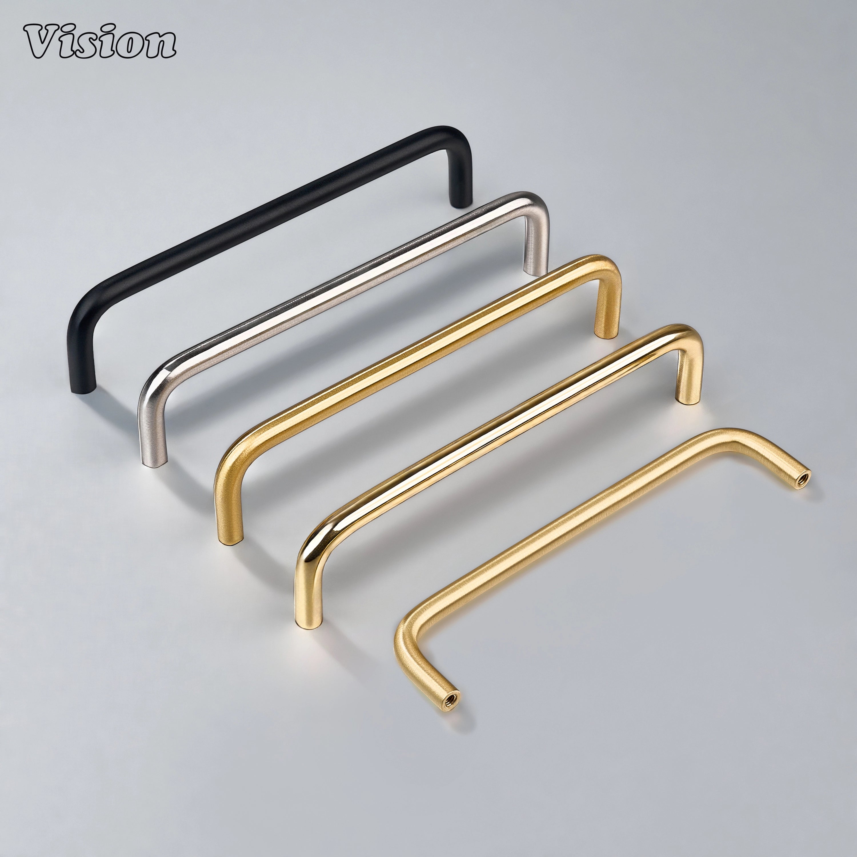 Polished Brass (Lacquered) smooth cabinet handle with rounded bar design for bathroom vanity cabinets.