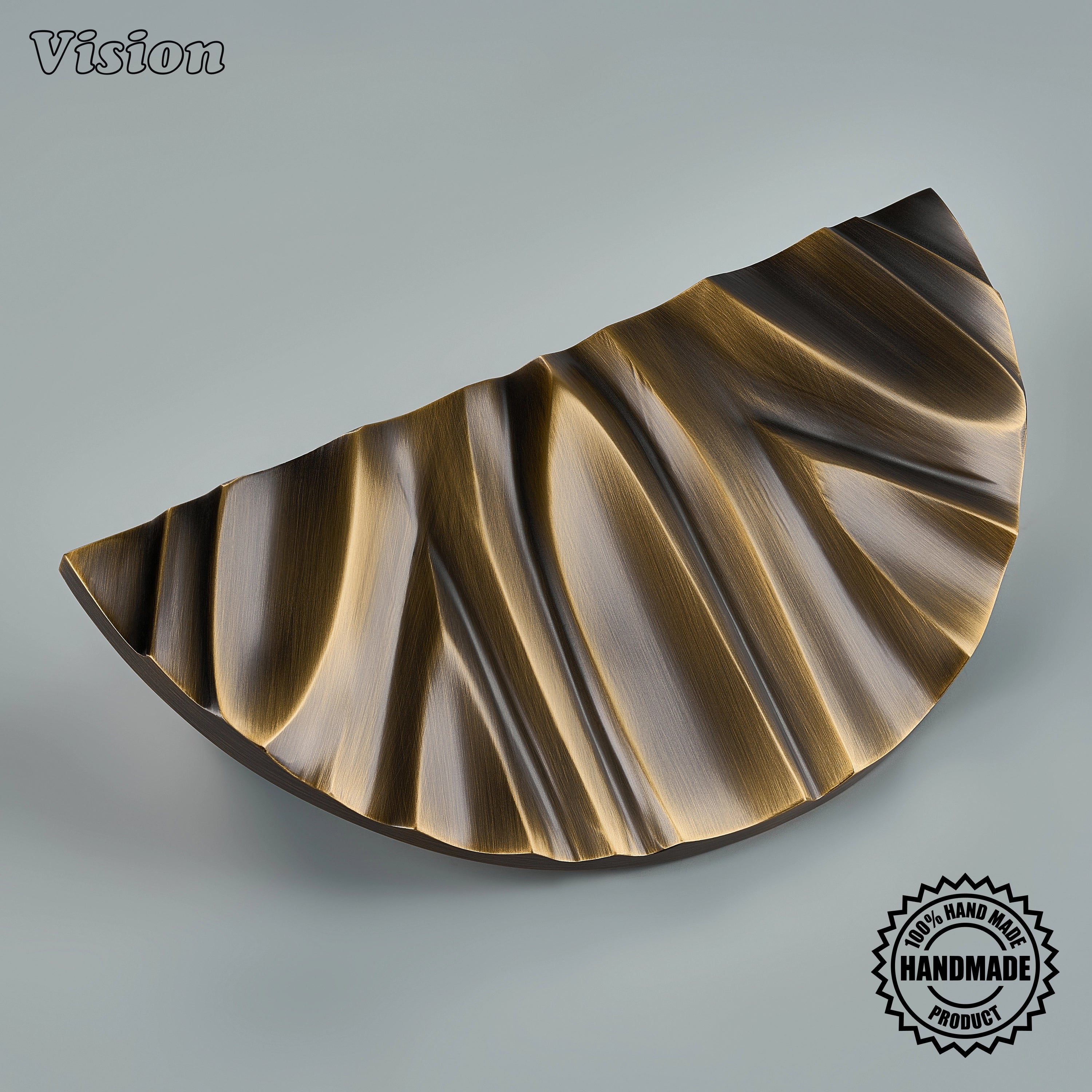 Antique Bronze handcrafted semi circle door handle with flowing sculpted grain profile in premium solid brass for luxury front entry doors.