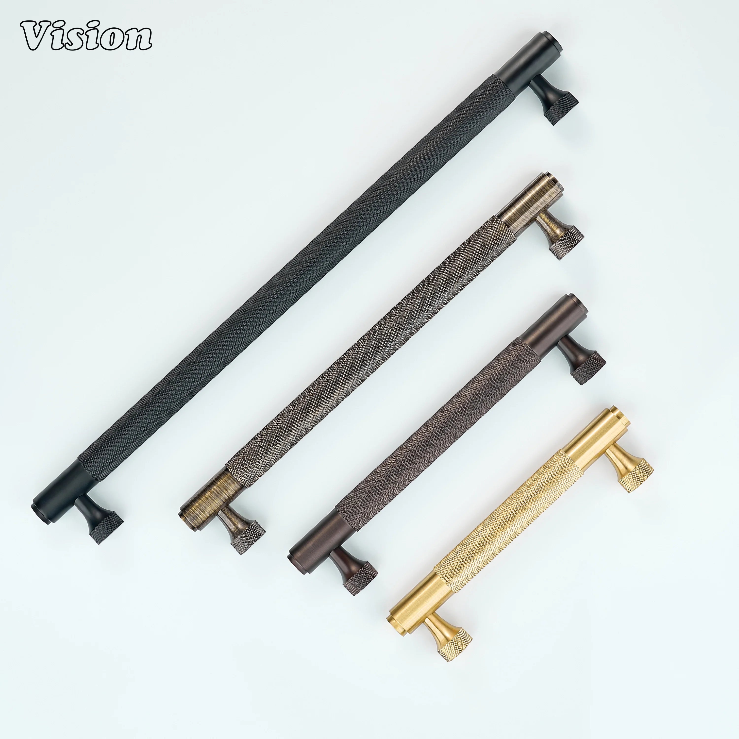 Knurled cabinet handle in gold finish featuring solid brass bar for wardrobe doors
