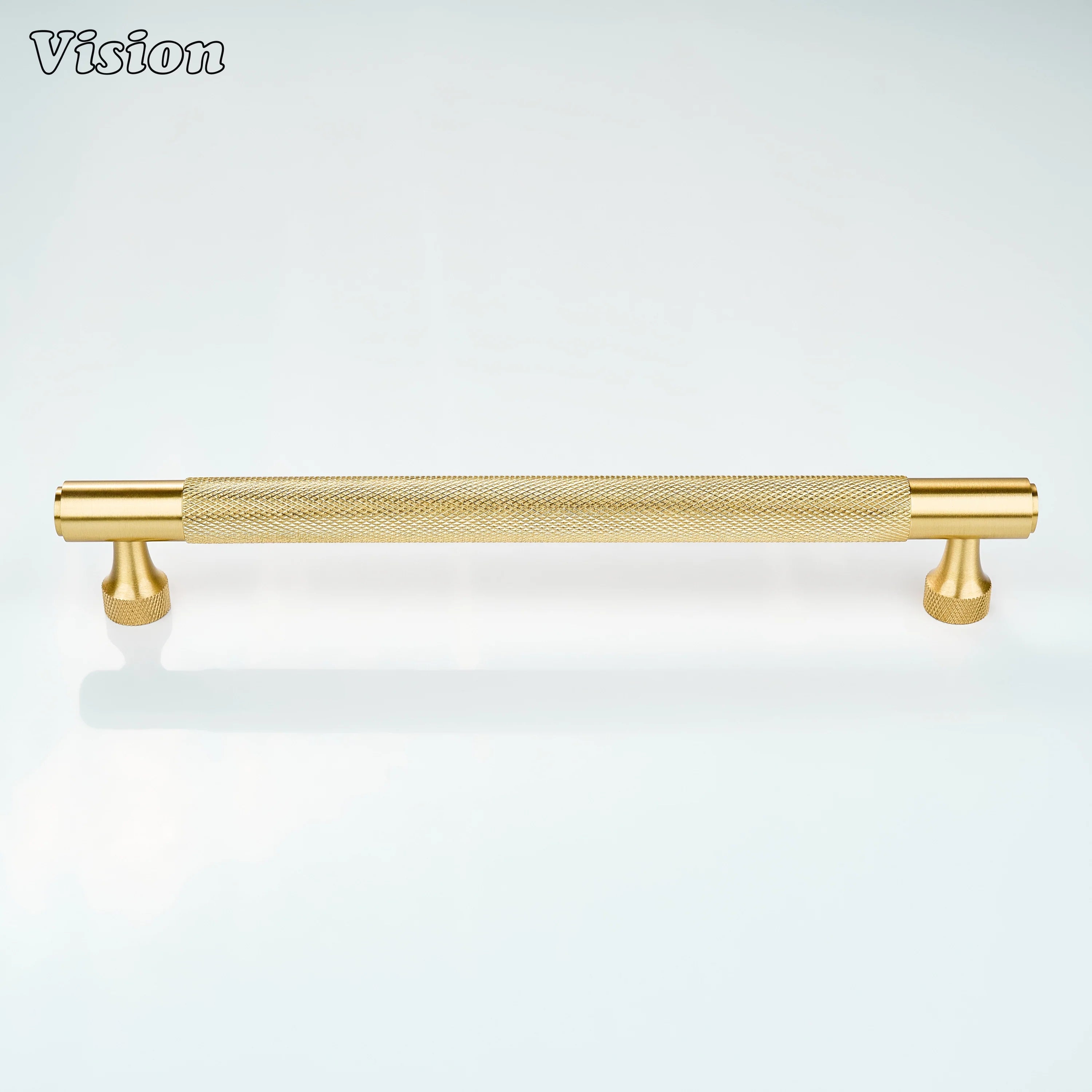 Knurled brass cabinet handle in gold with smooth bar ends for kitchen drawers