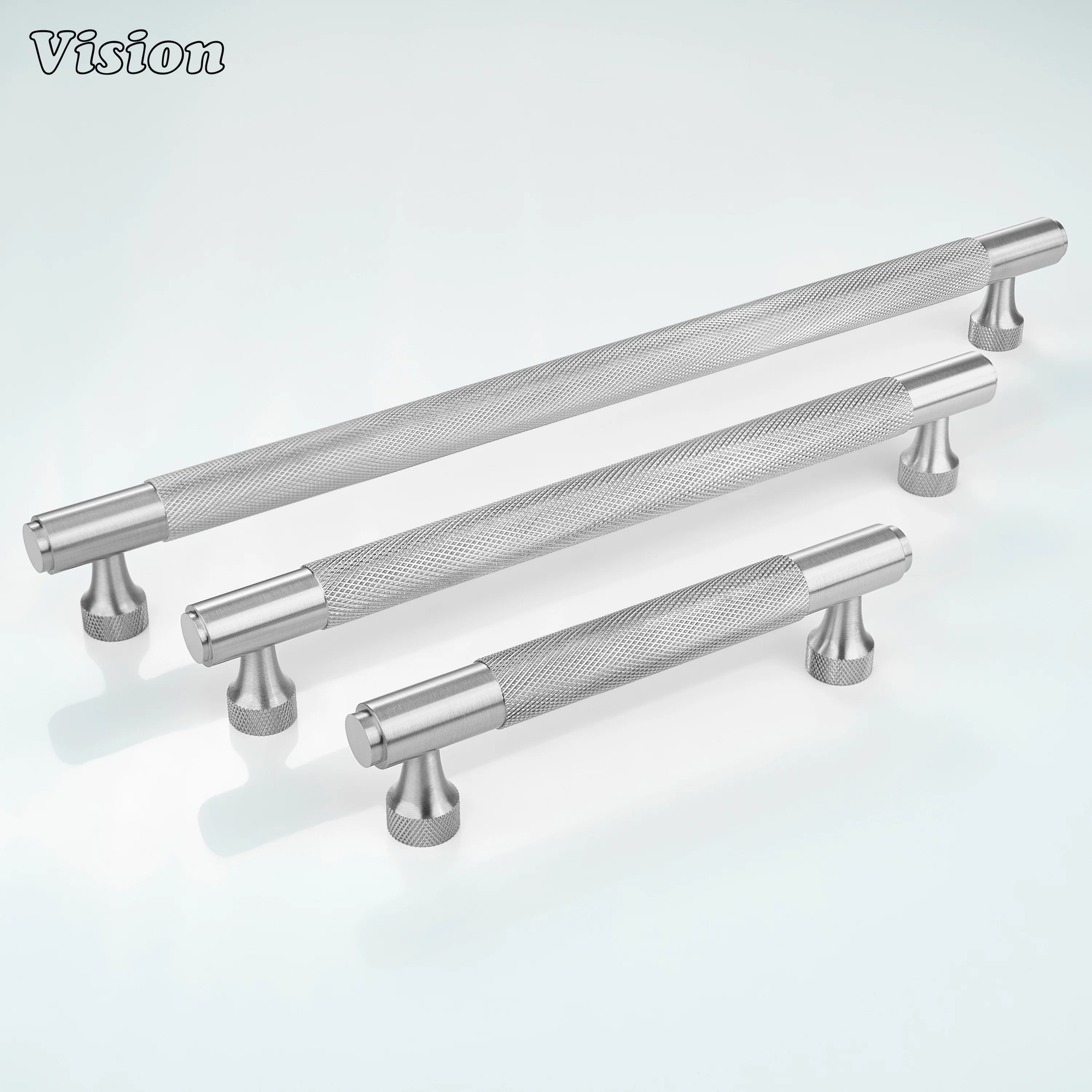 Silver knurled cabinet handle with solid brass bar for drawers