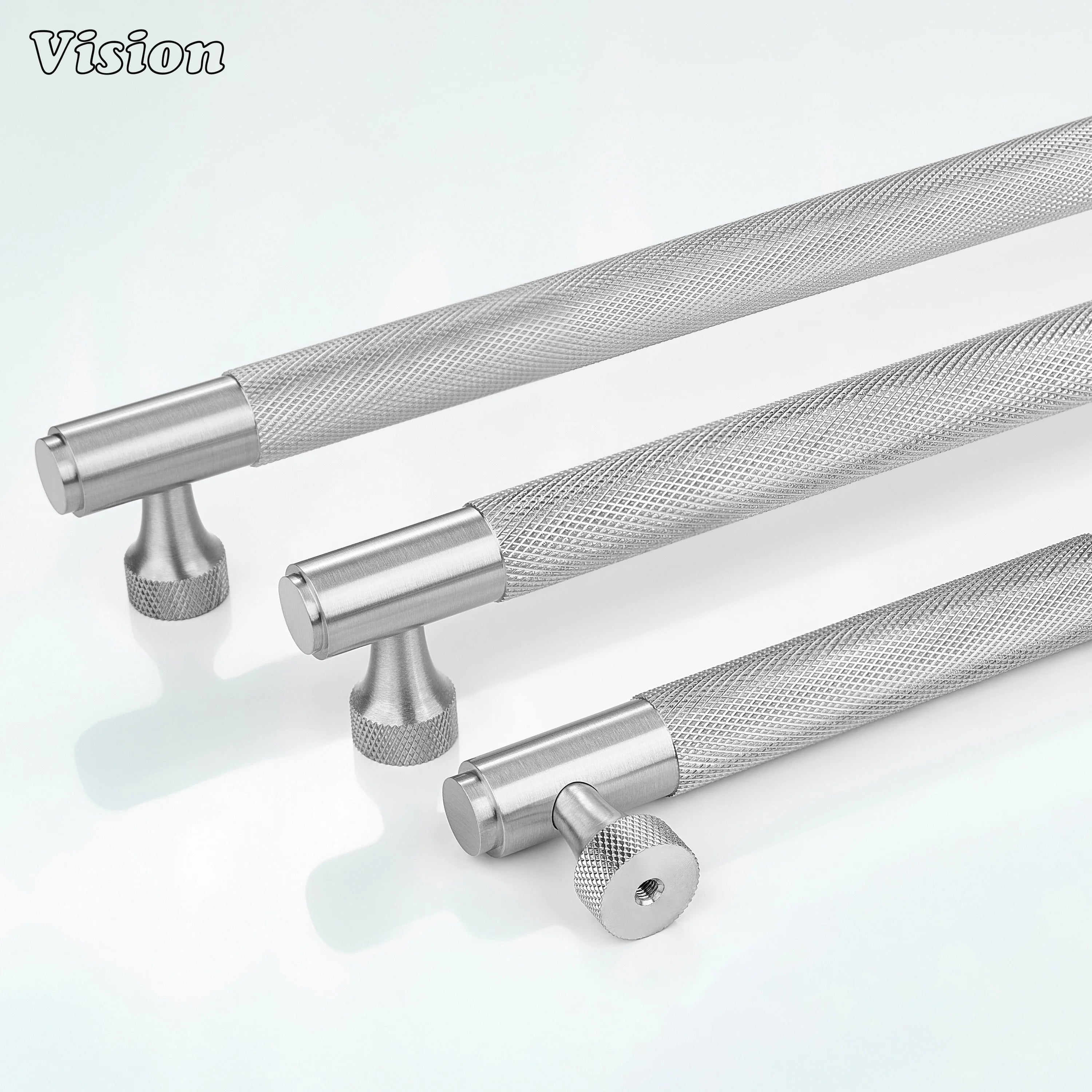 Cylindrical knurled cabinet handle in Silver for furniture units