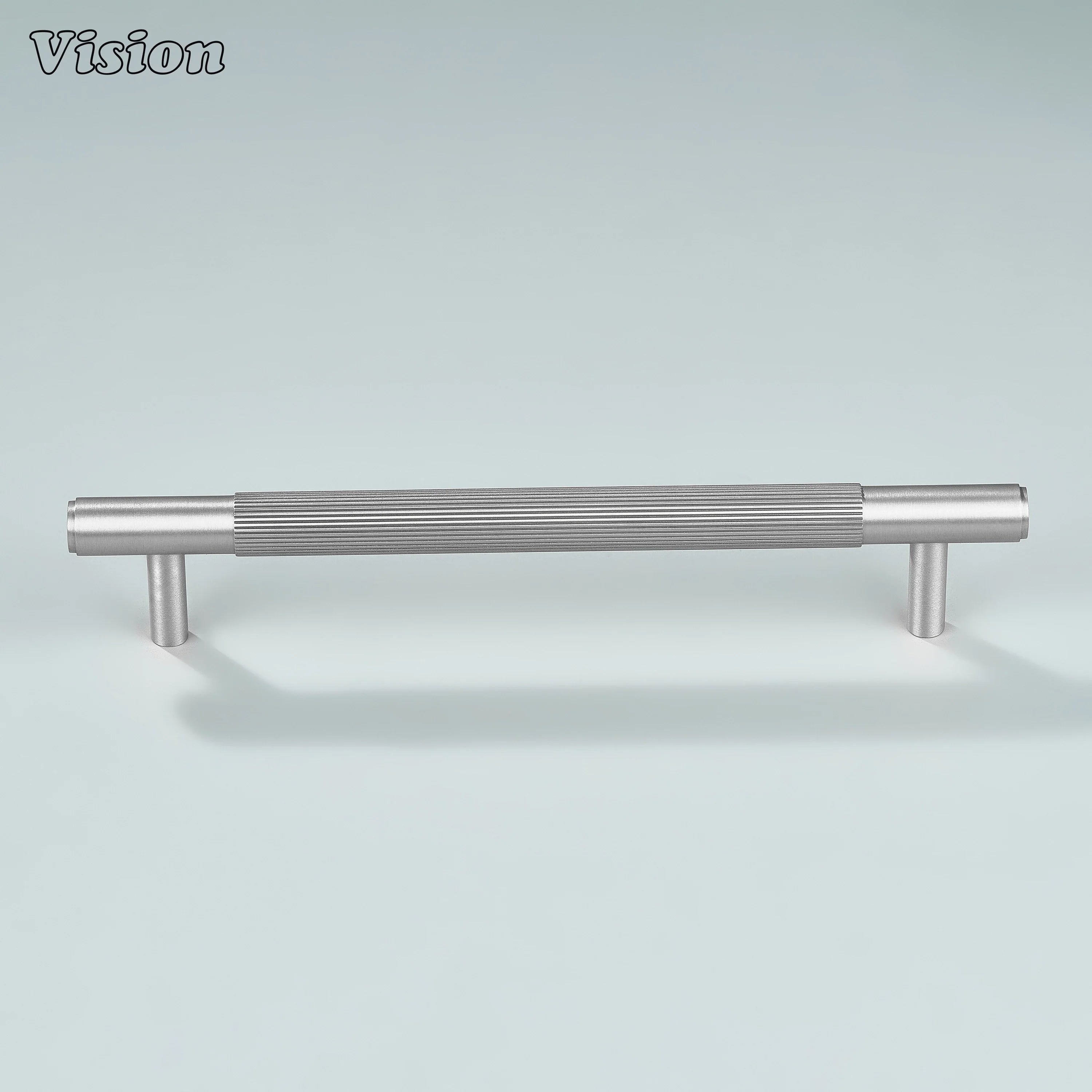 Sleek linear satin brass silver handle for kitchen cupboards.