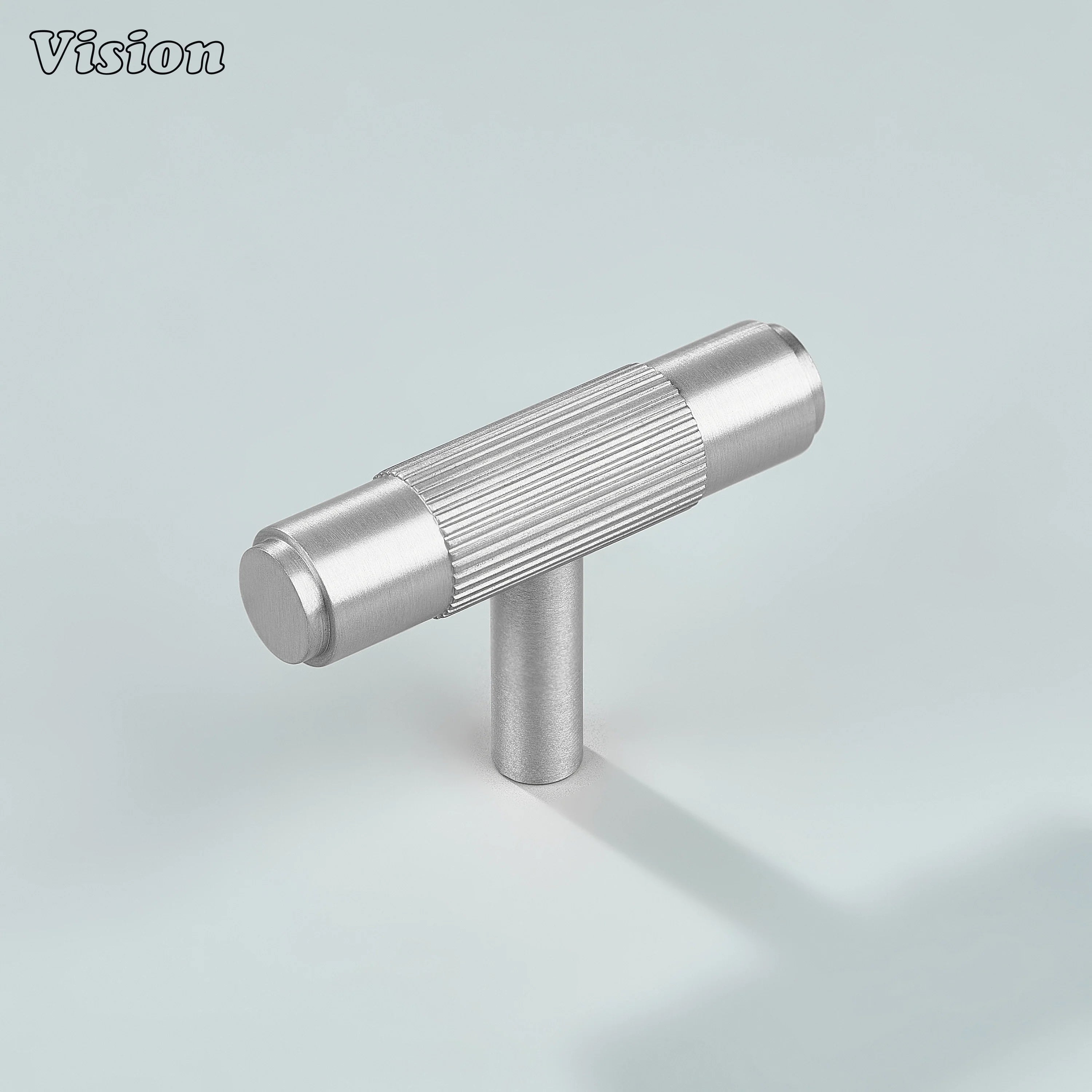 Silver brass linear knurled T-knob for wardrobes and cabinets.