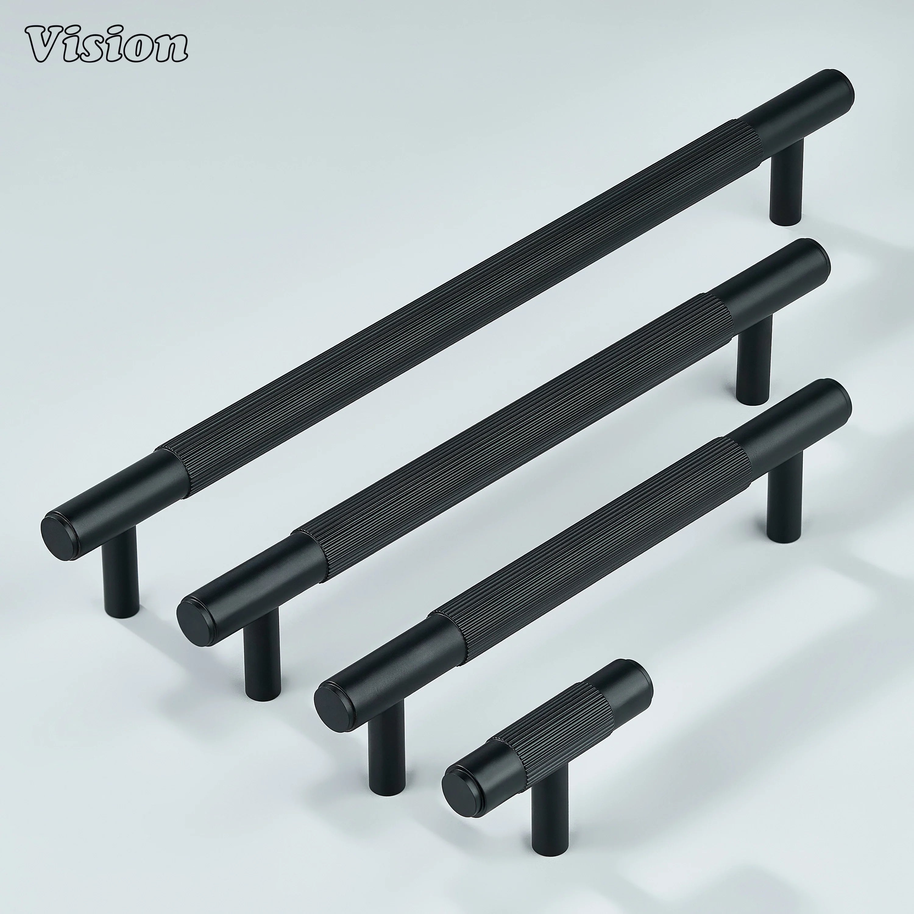 Ignite black linear knurled handle ideal for kitchen cabinets.