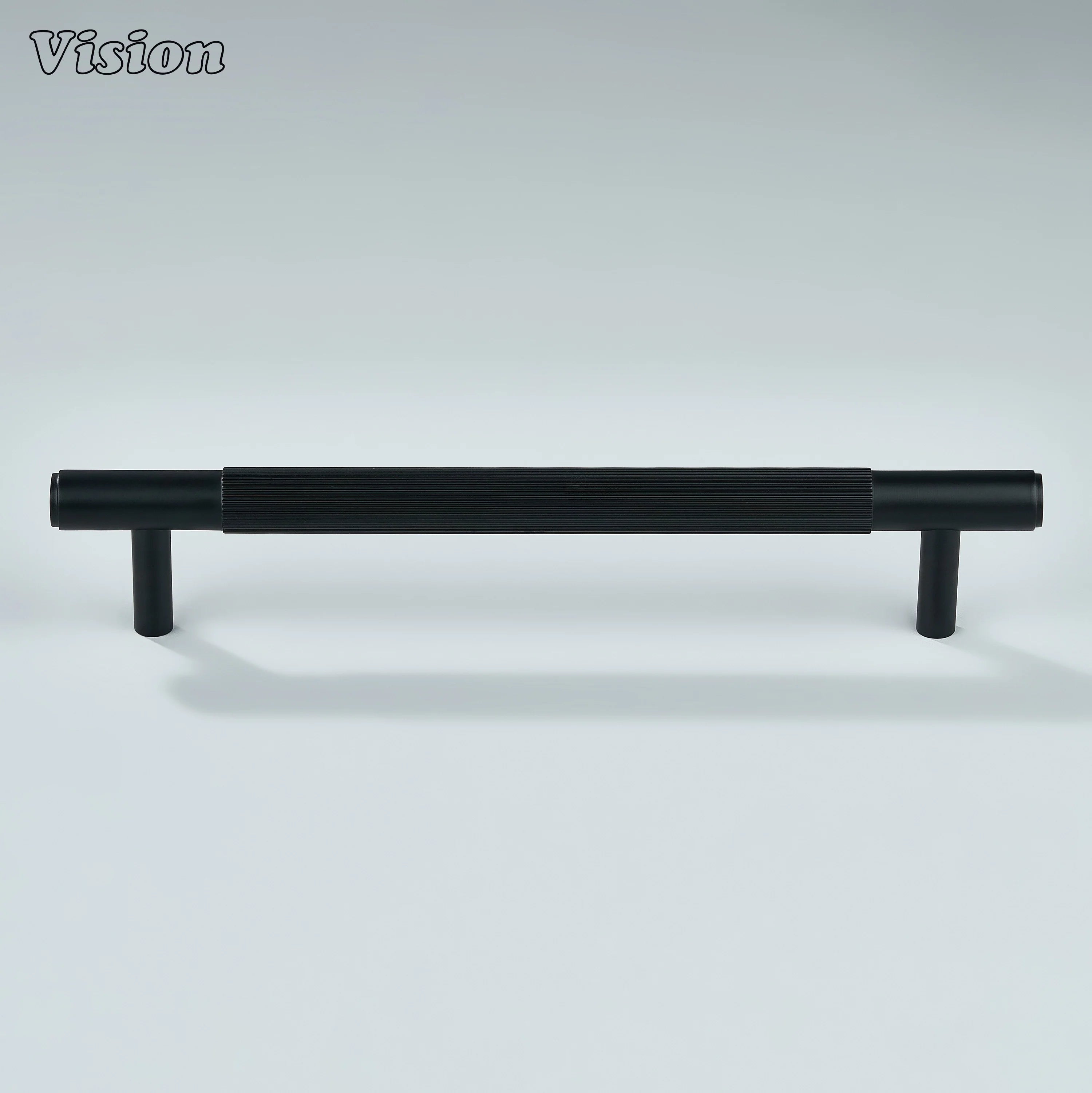 Black linear knurled handle for wardrobes, cupboards, and drawers.