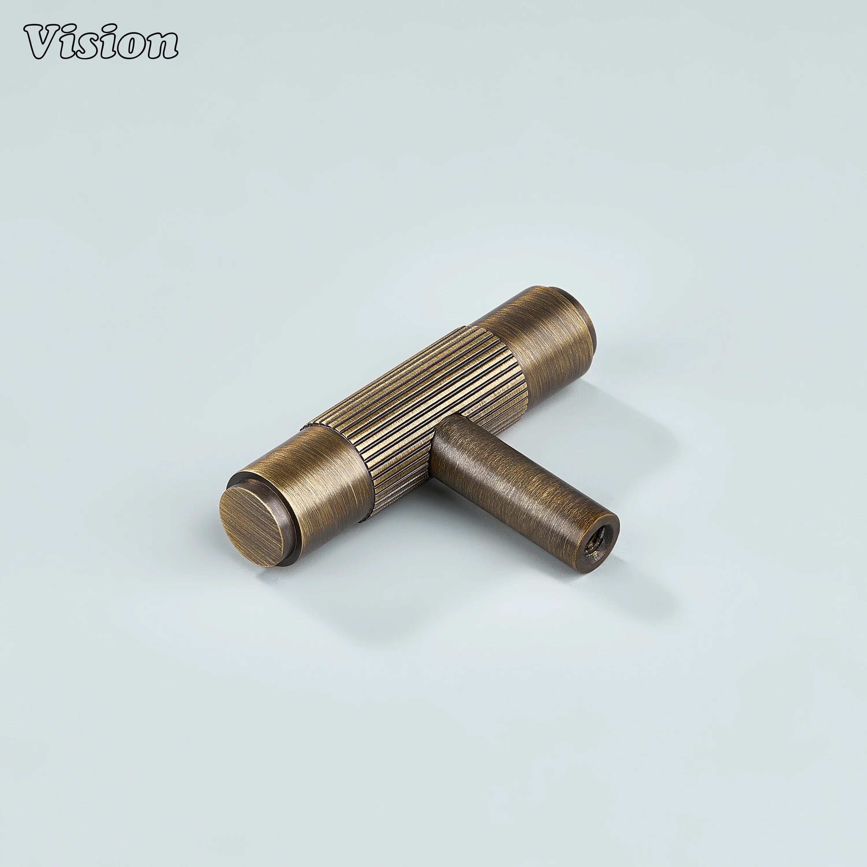Linear knurled T-knob in antique bronze finish for furniture.