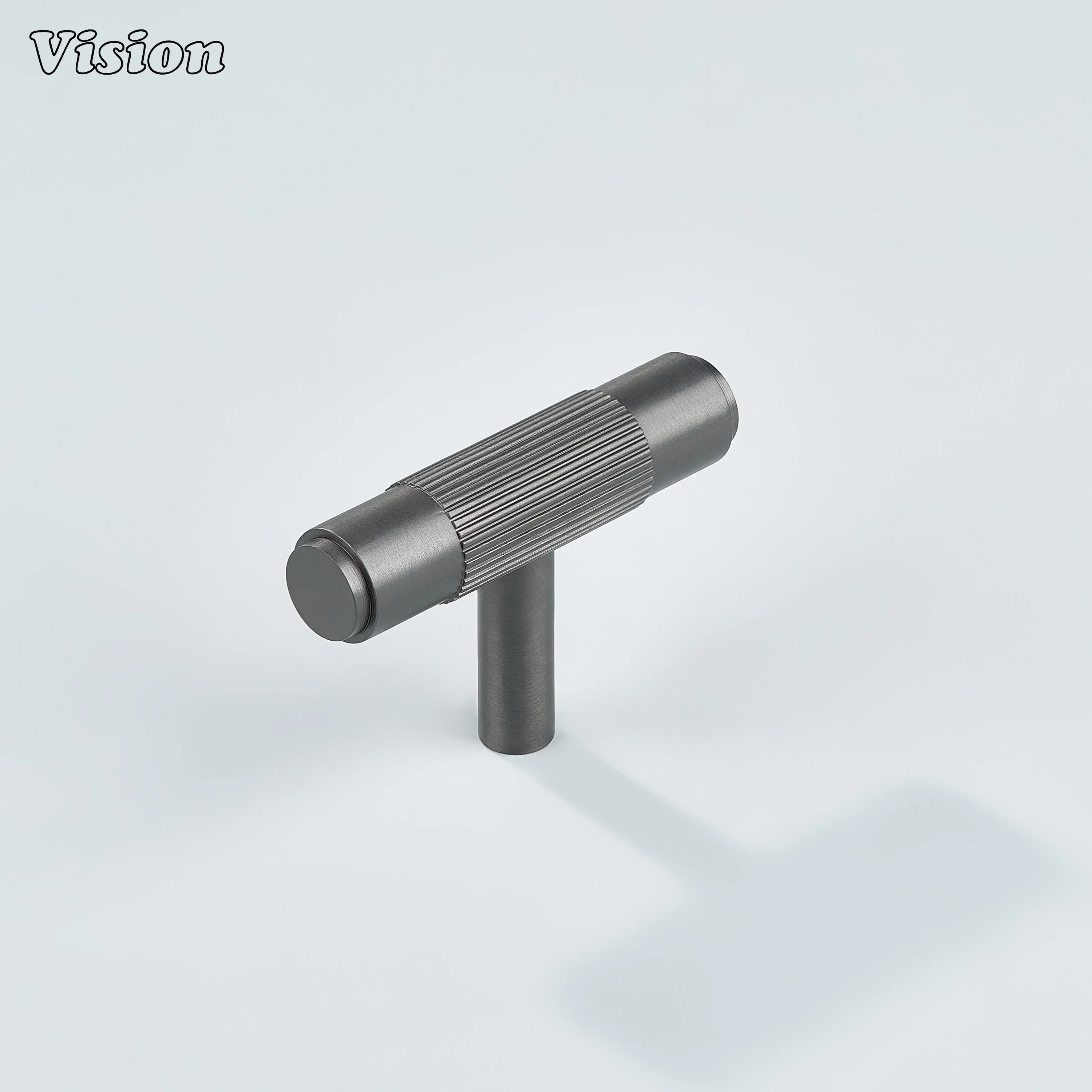 Gunmetal brass linear knurled T-knob for modern cabinetry.