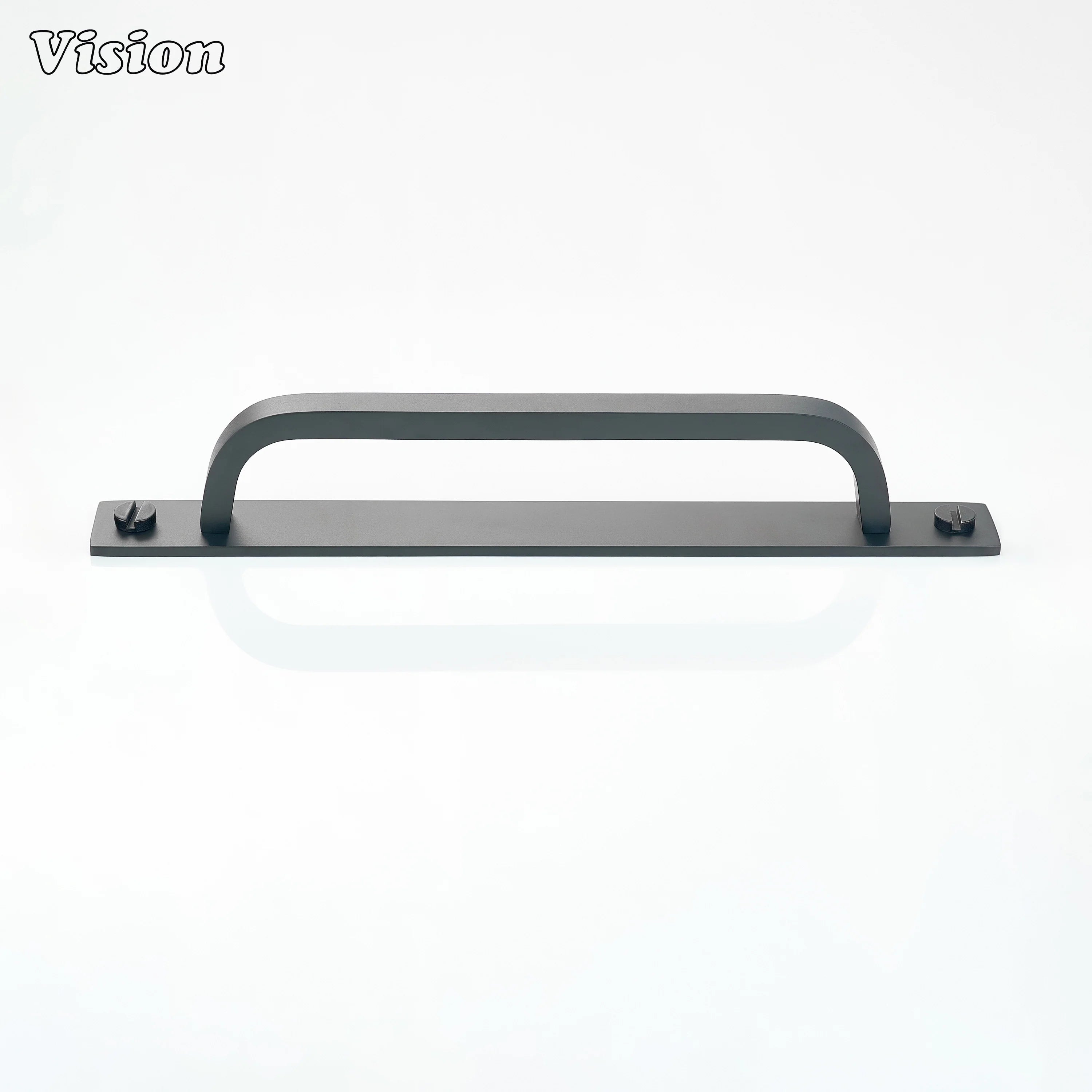 Black cabinet handle with backplate applied to wardrobe furniture doors