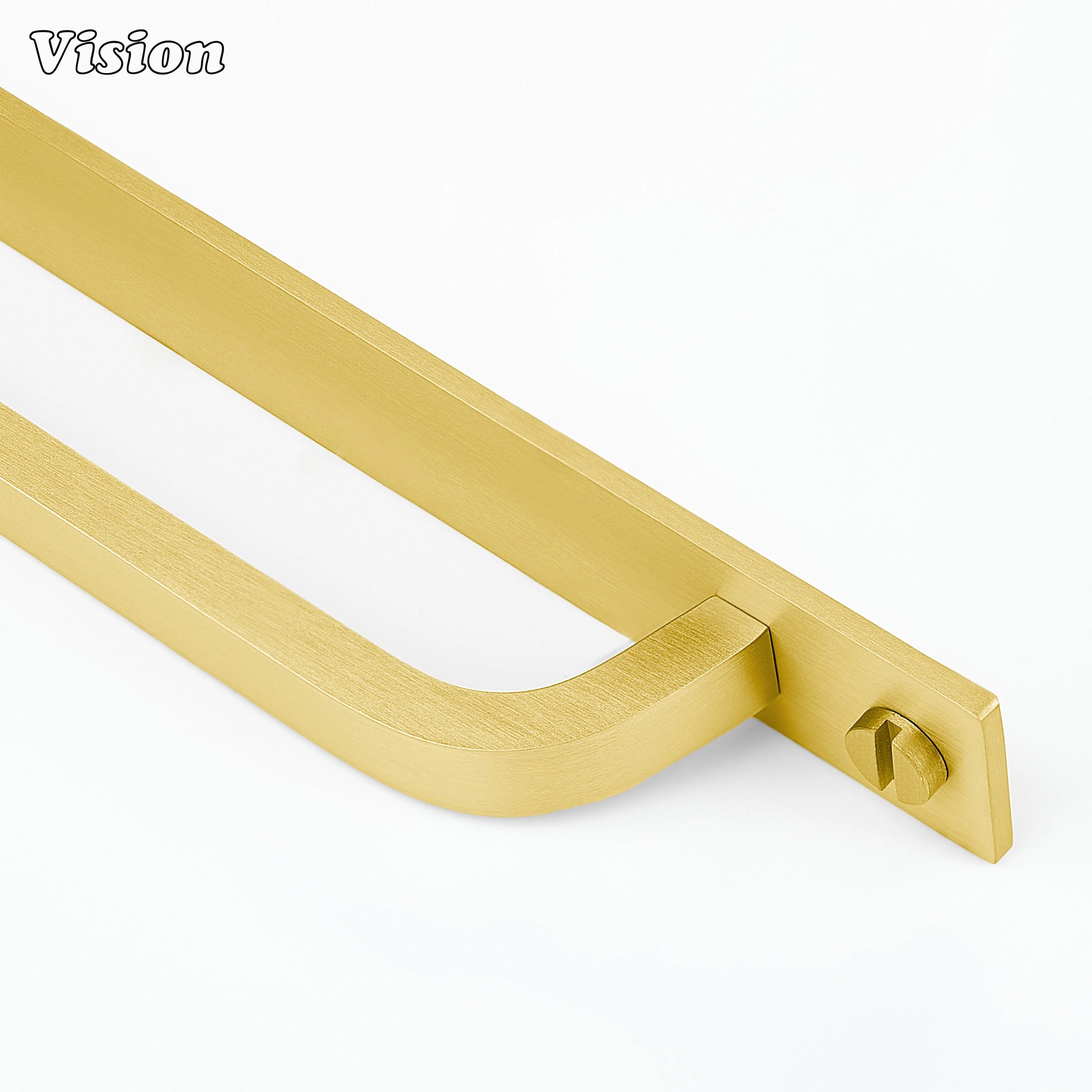 Gold cabinet handle with backplate highlighting flat bar design for furniture use