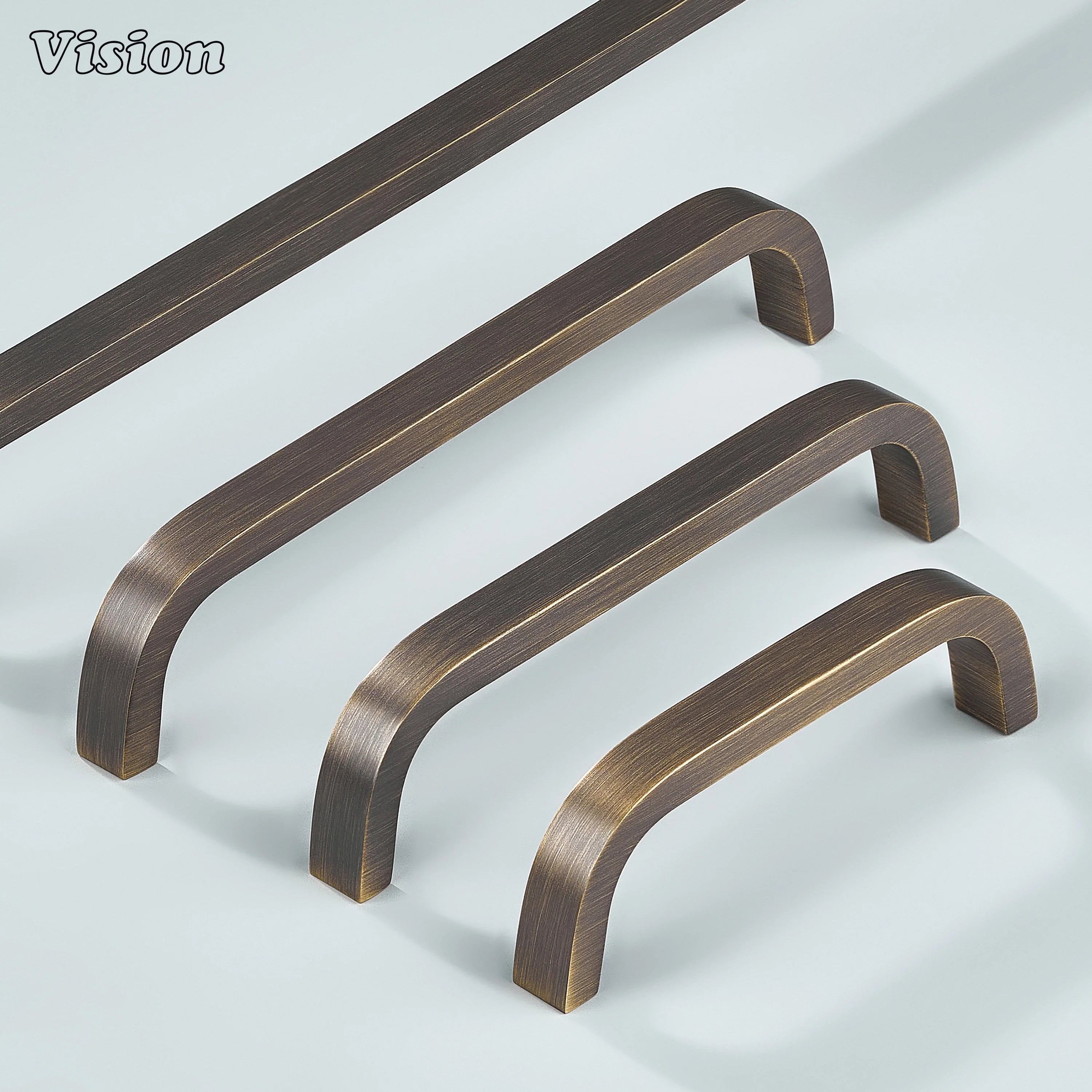 Elegant curved cabinet handle in antique bronze finish.