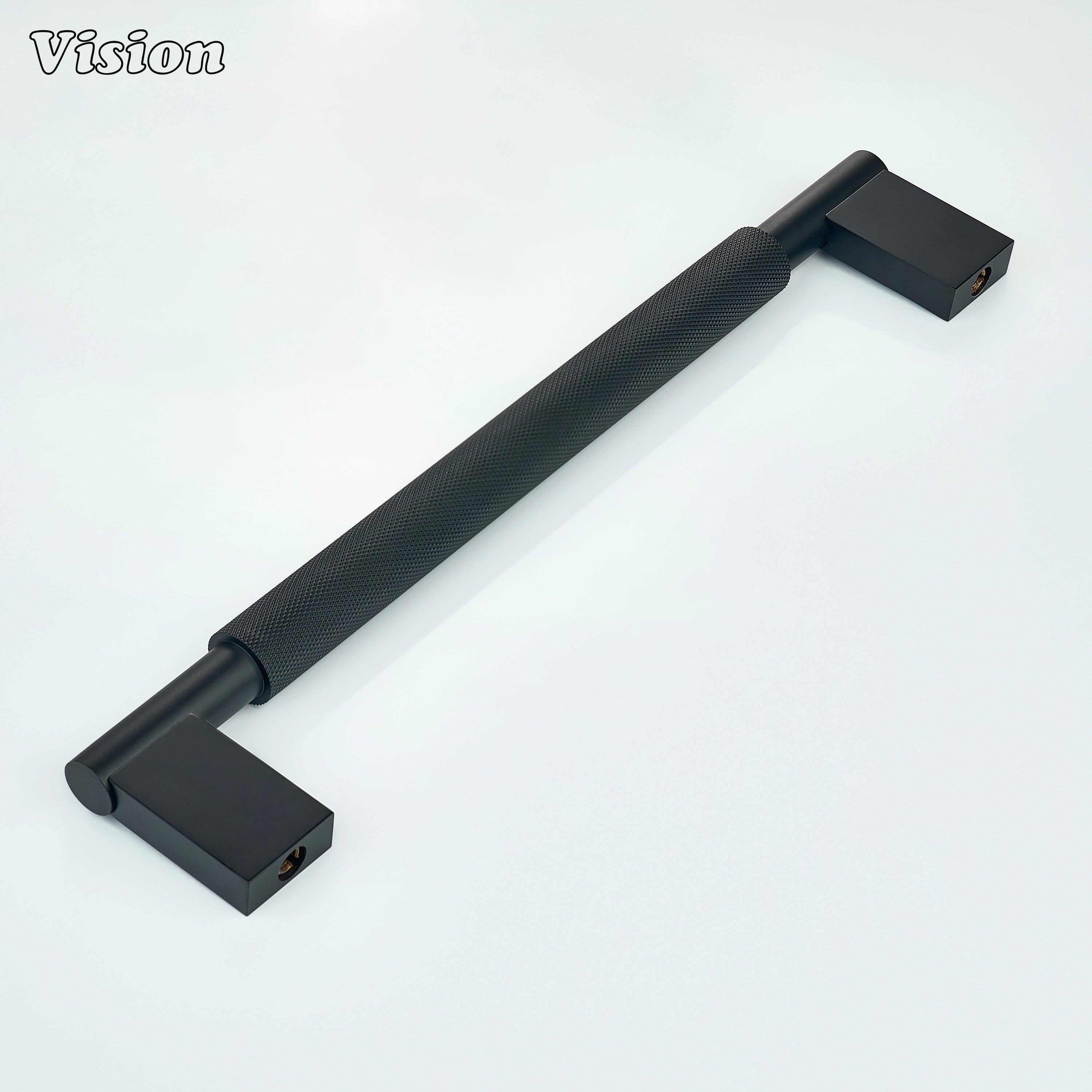 Black appliance handle with detailed grip texture for utility cabinets.