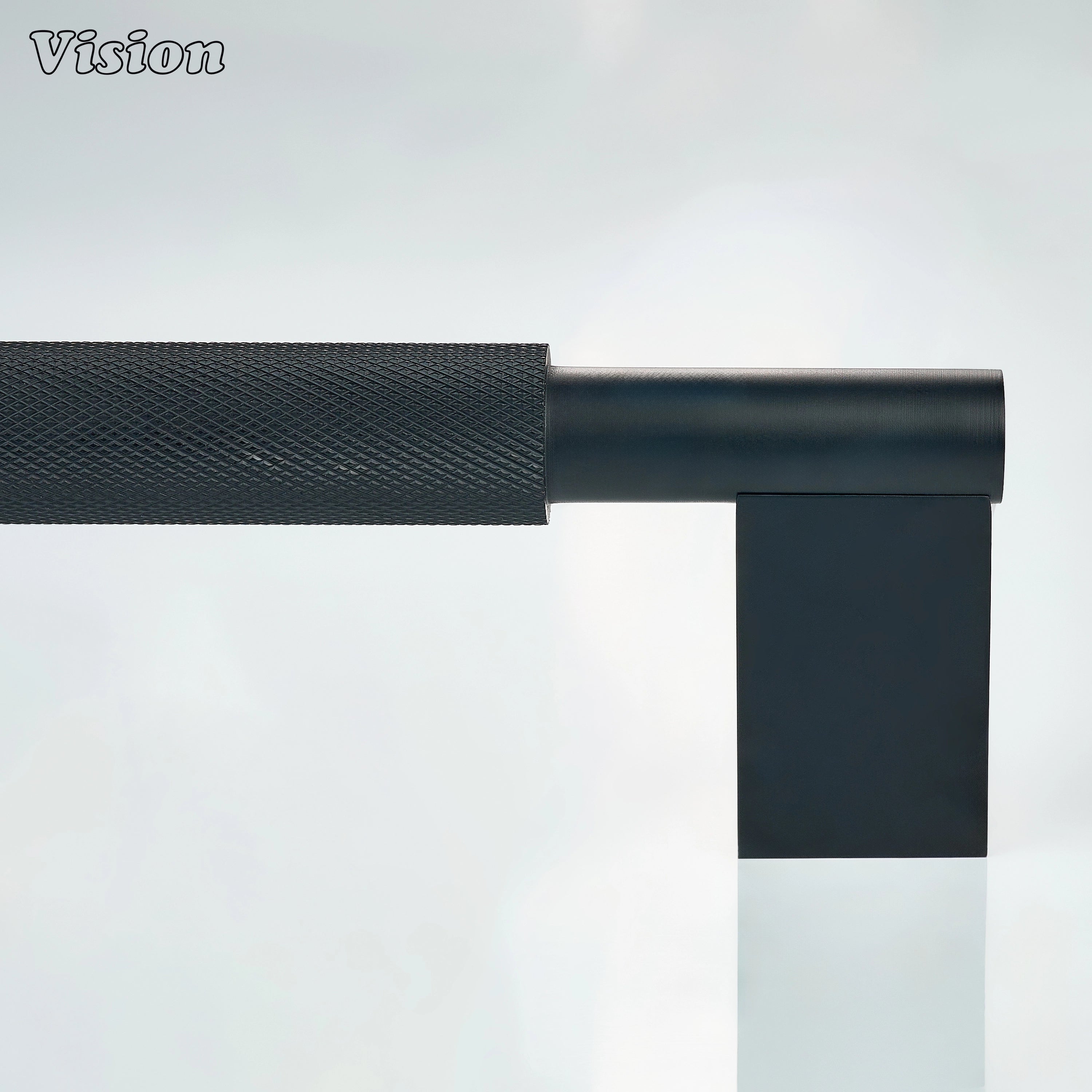 Black textured appliance handle with rectangular supports for pantry cabinets.