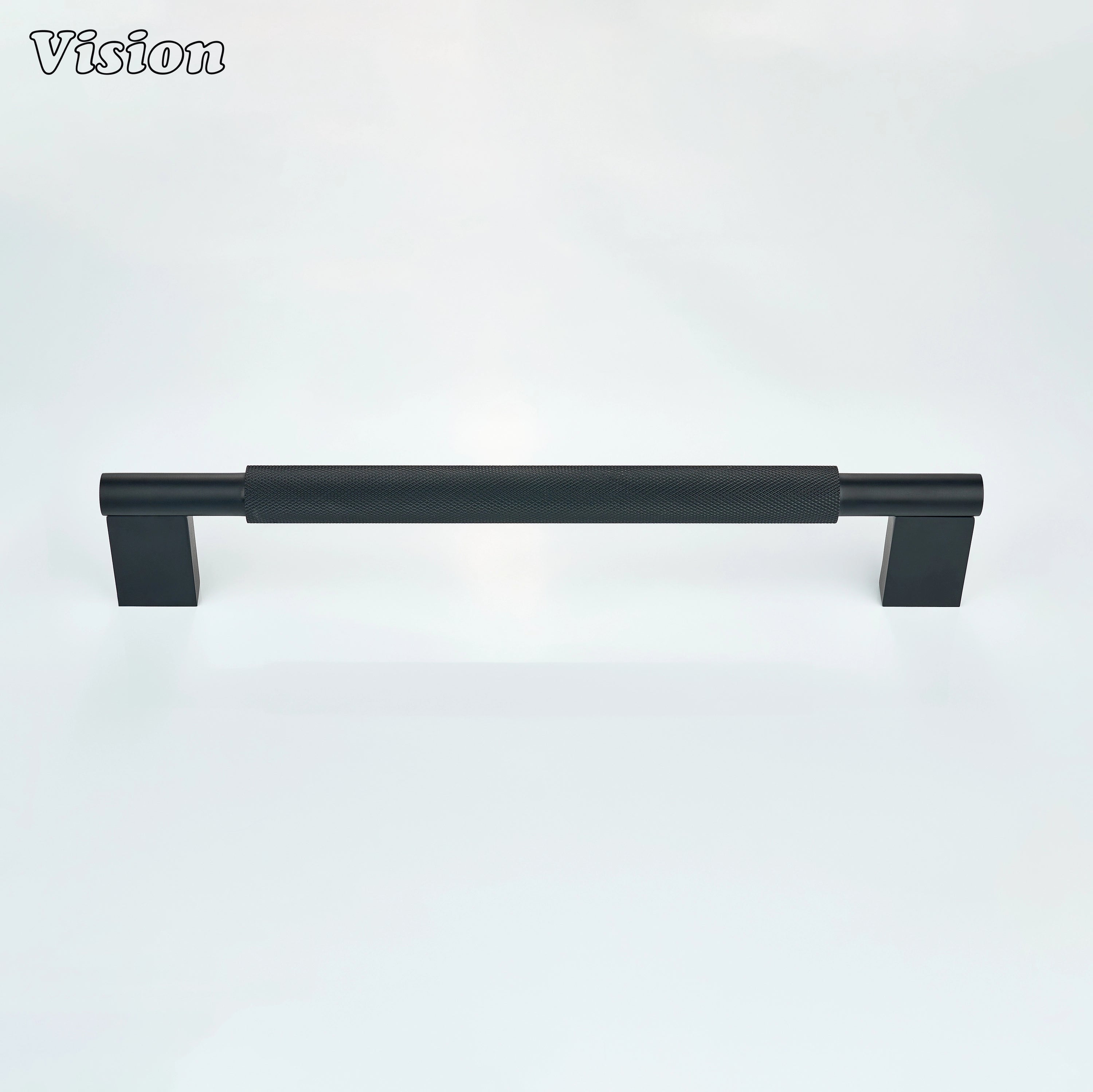 Black textured appliance handle designed for oversized storage cabinets.